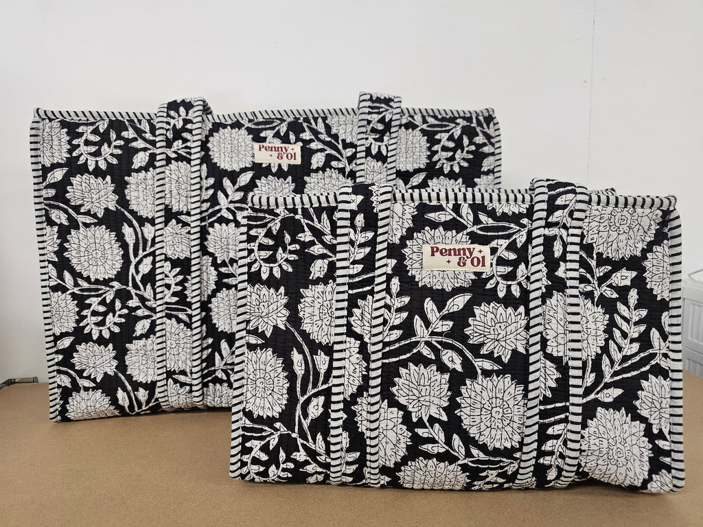 Midnight Blossom Collection, cotton, handmade tote bags