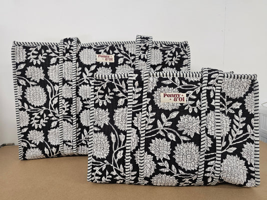 Midnight Blossom Collection, cotton, handmade tote bags