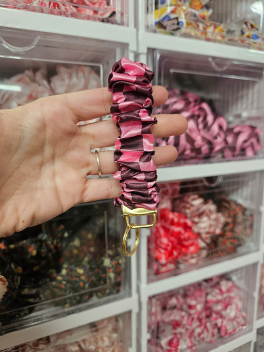 Pink and burgundy checkerboard Scrunchie Keyring