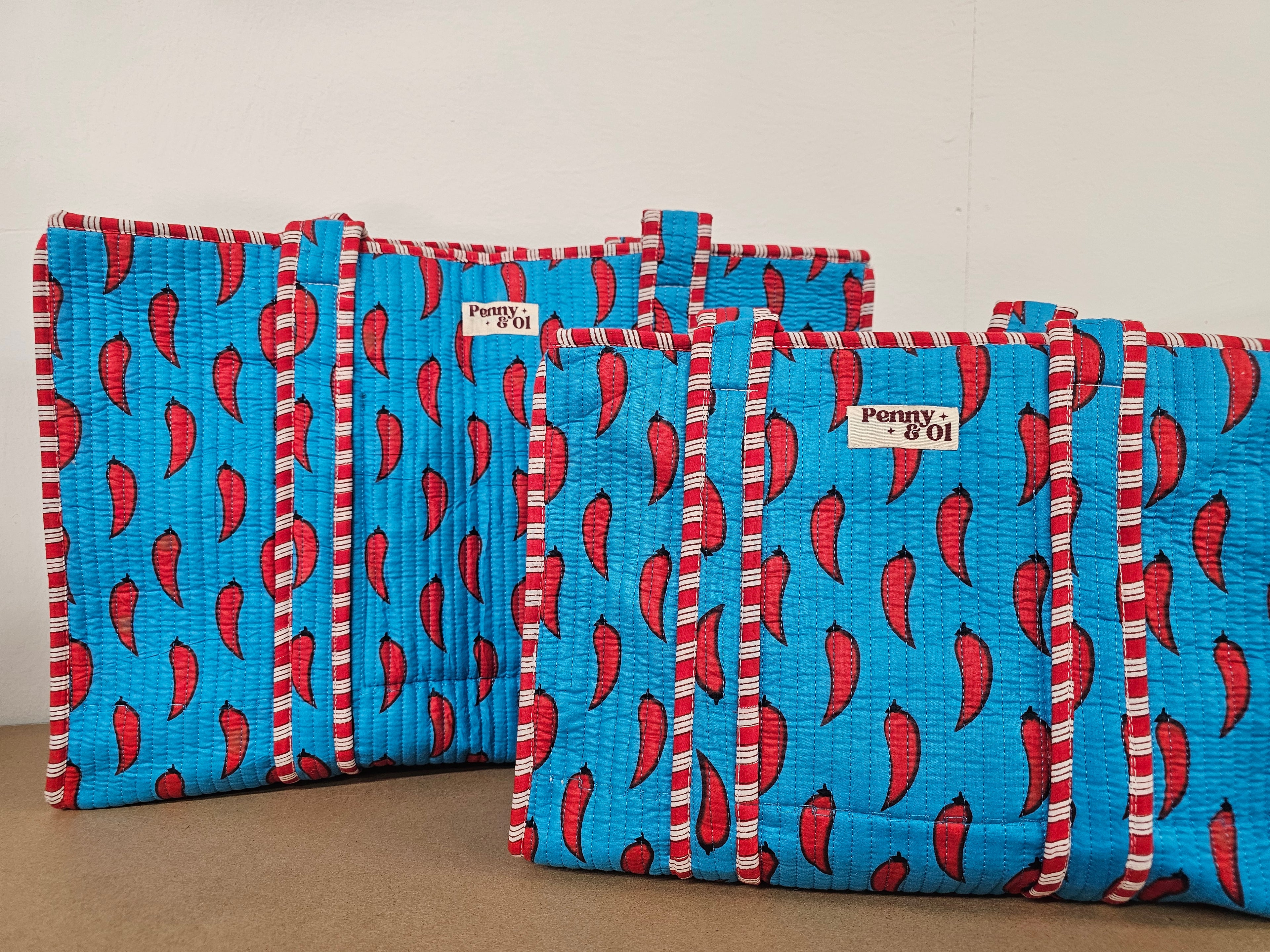 Blue Chilli Collection. Cotton, handmade tote bags.