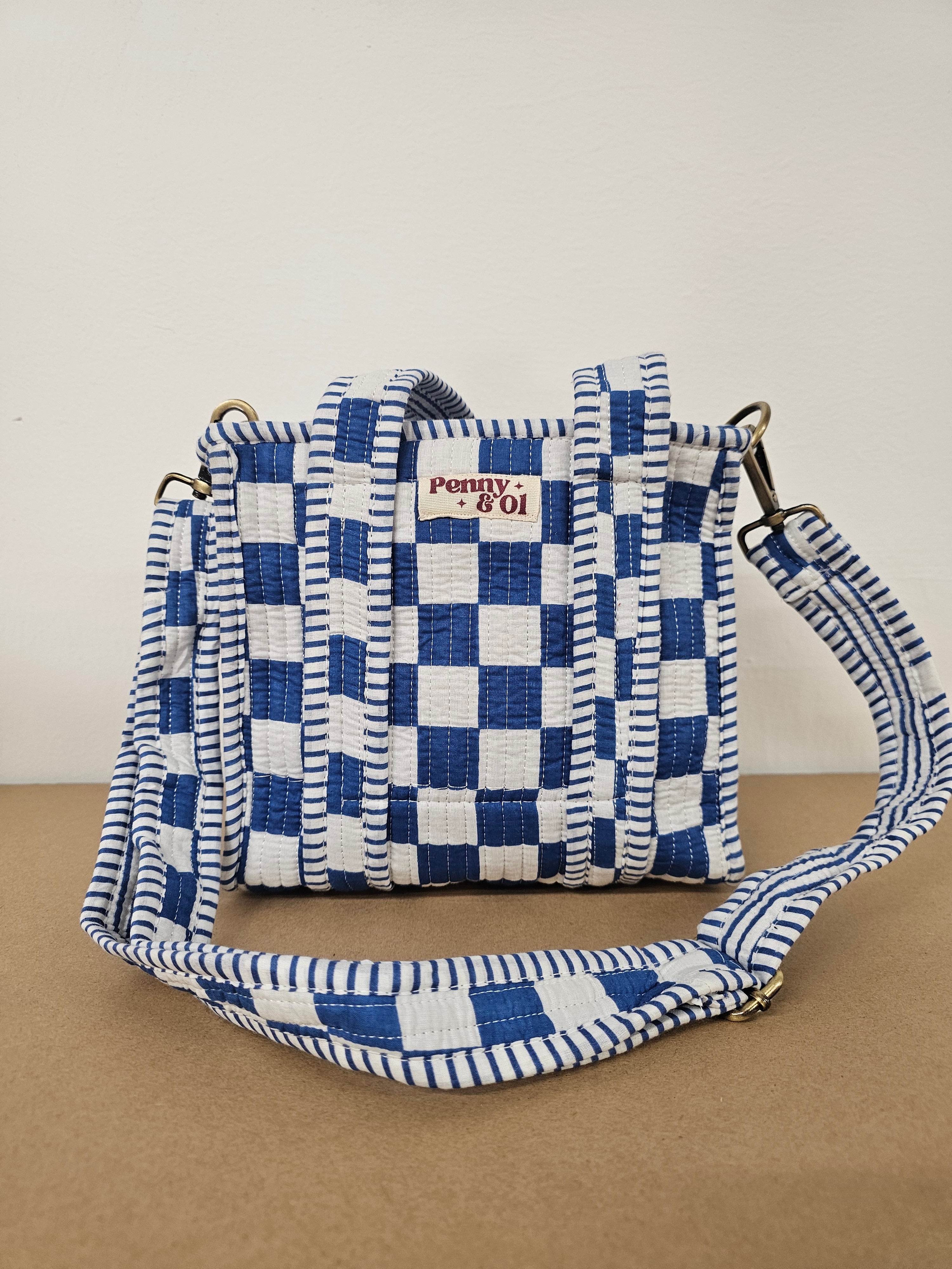 Blue Checkerboard Collection. Cotton, handmade tote bags