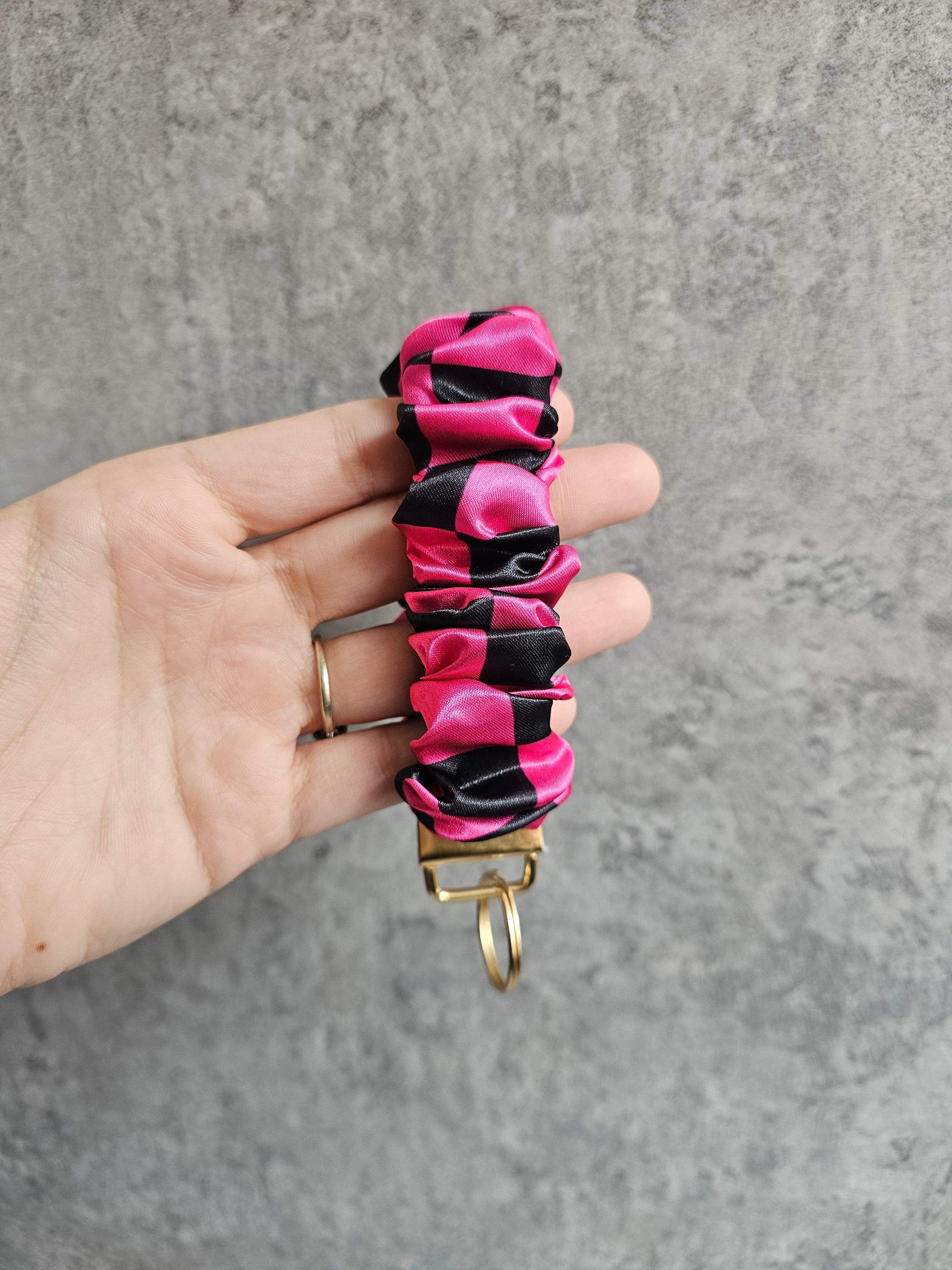 Pink and black checkerboard Scrunchie Keyring