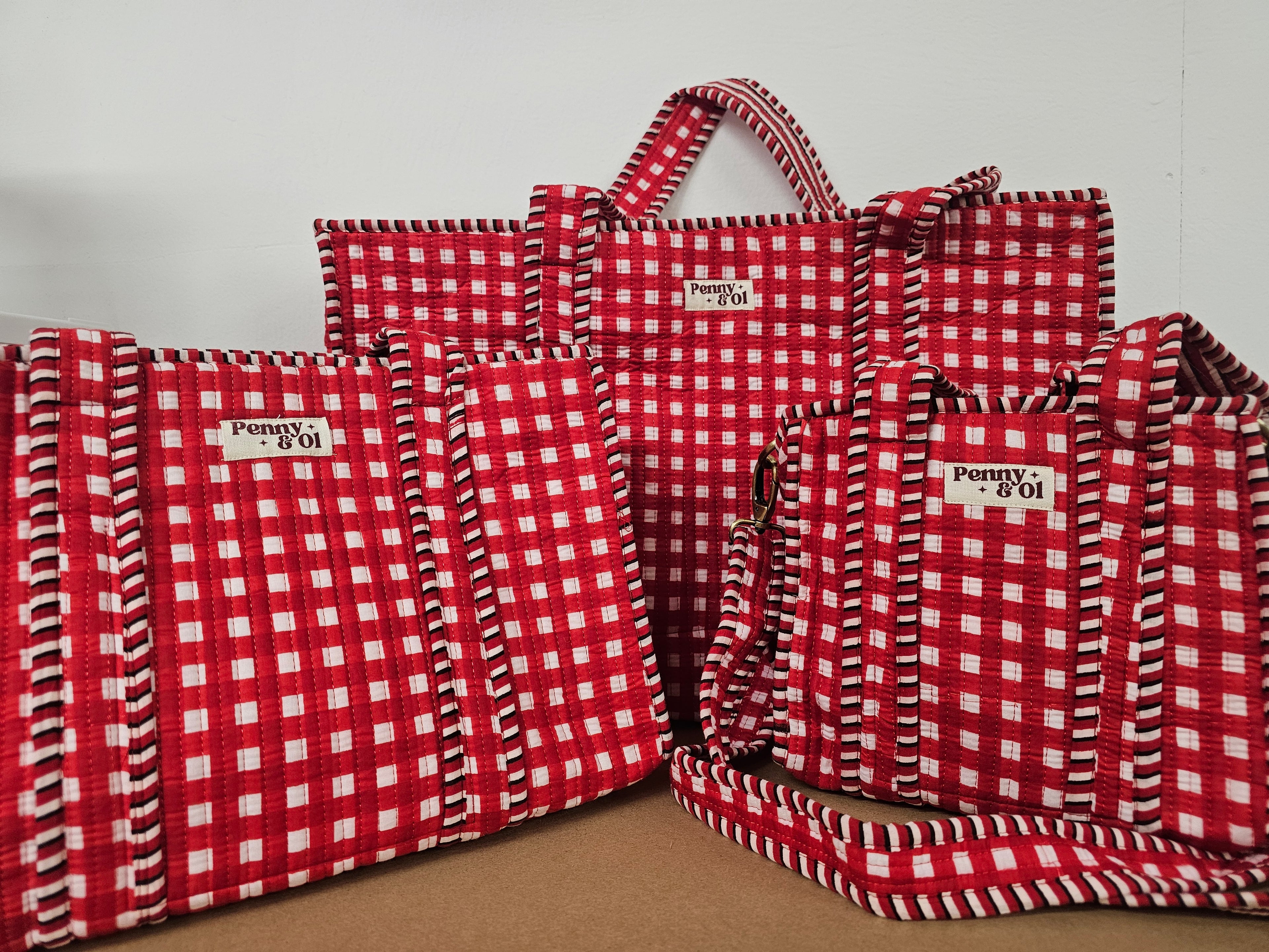 Red Gingham Collection. Cotton, handmade tote bags