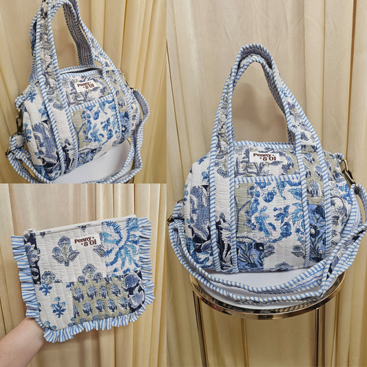 Blue Patchwork Collection tote bags. Cotton tote bags all sizes.