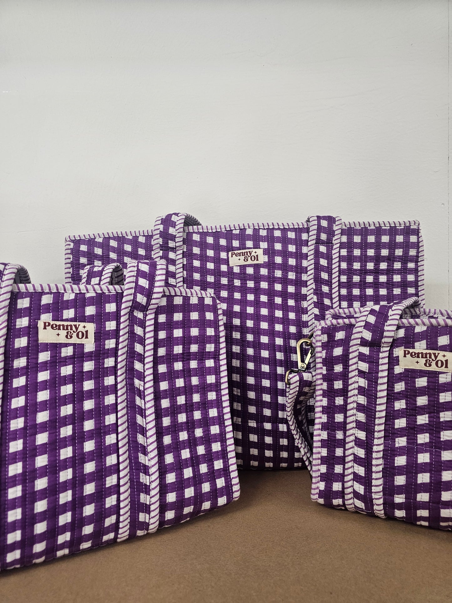 Purple Gingham Collection tote bags. Cotton tote bags all sizes