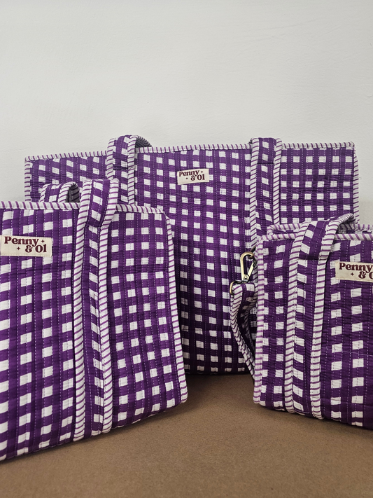 Purple Gingham Collection tote bags. Cotton tote bags all sizes
