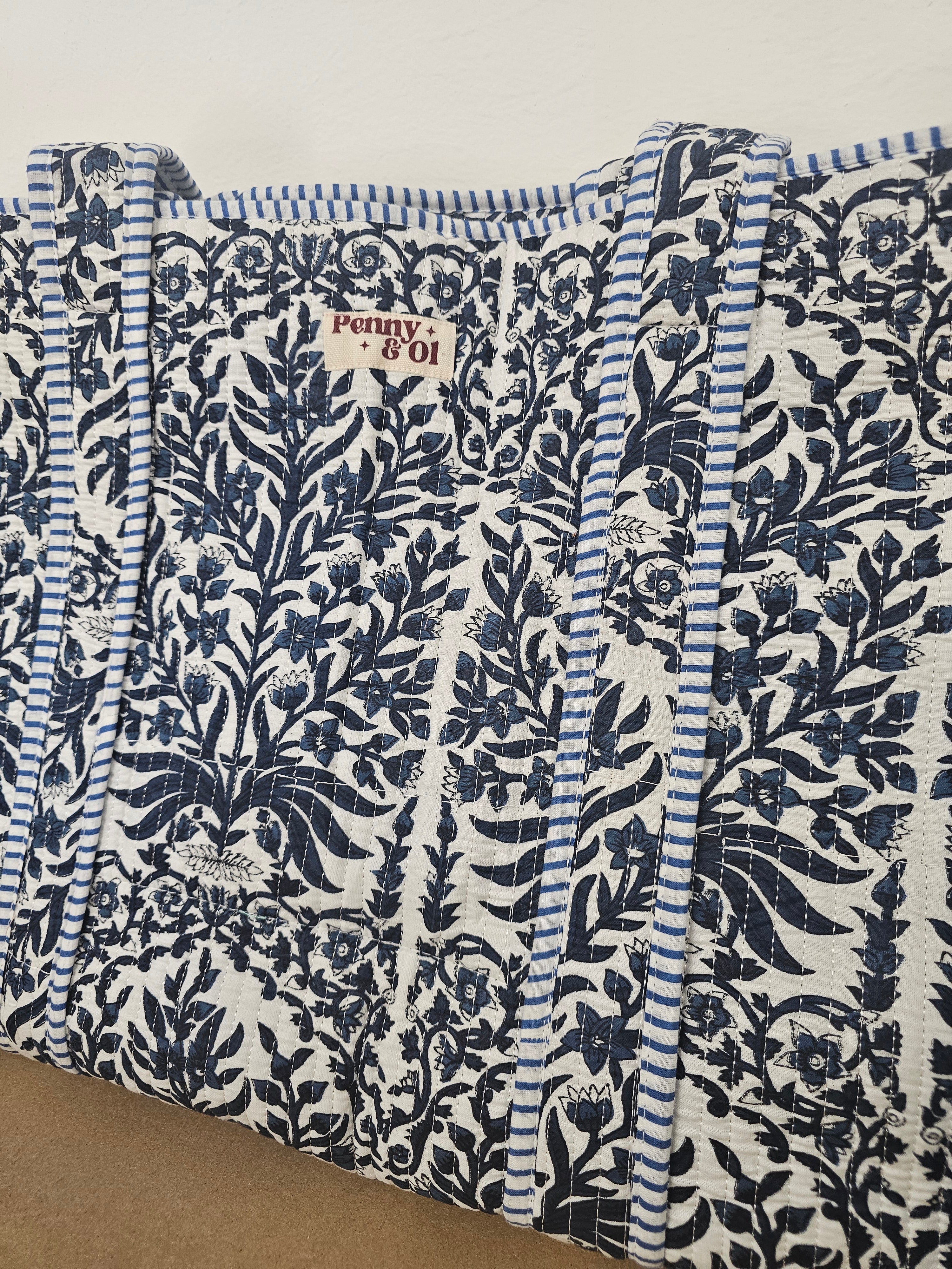 Navy Bloom Collection tote bags. Cotton tote bags all sizes