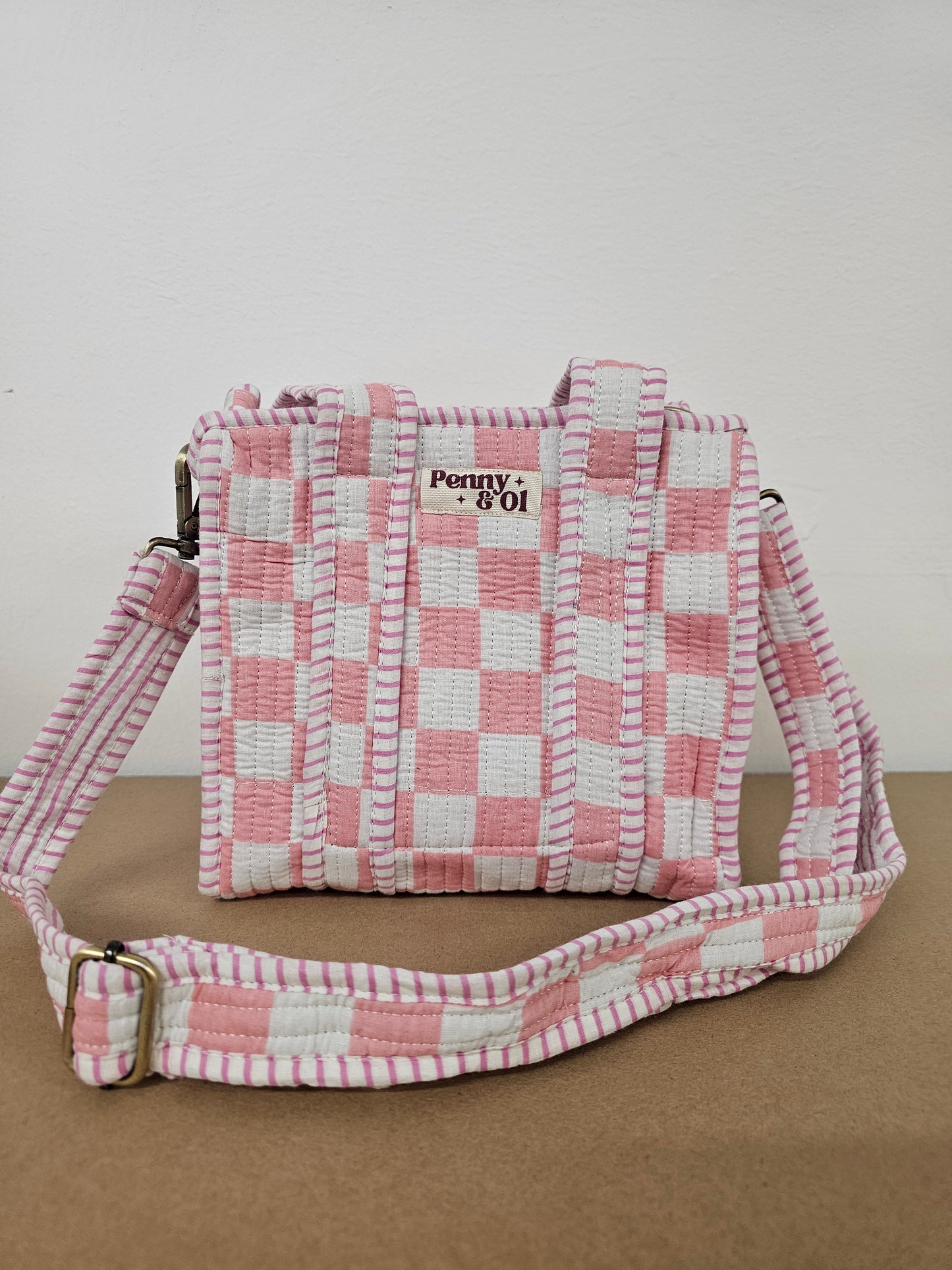 Pink & White Checkerboard Collection. Cotton, handmade tote bags