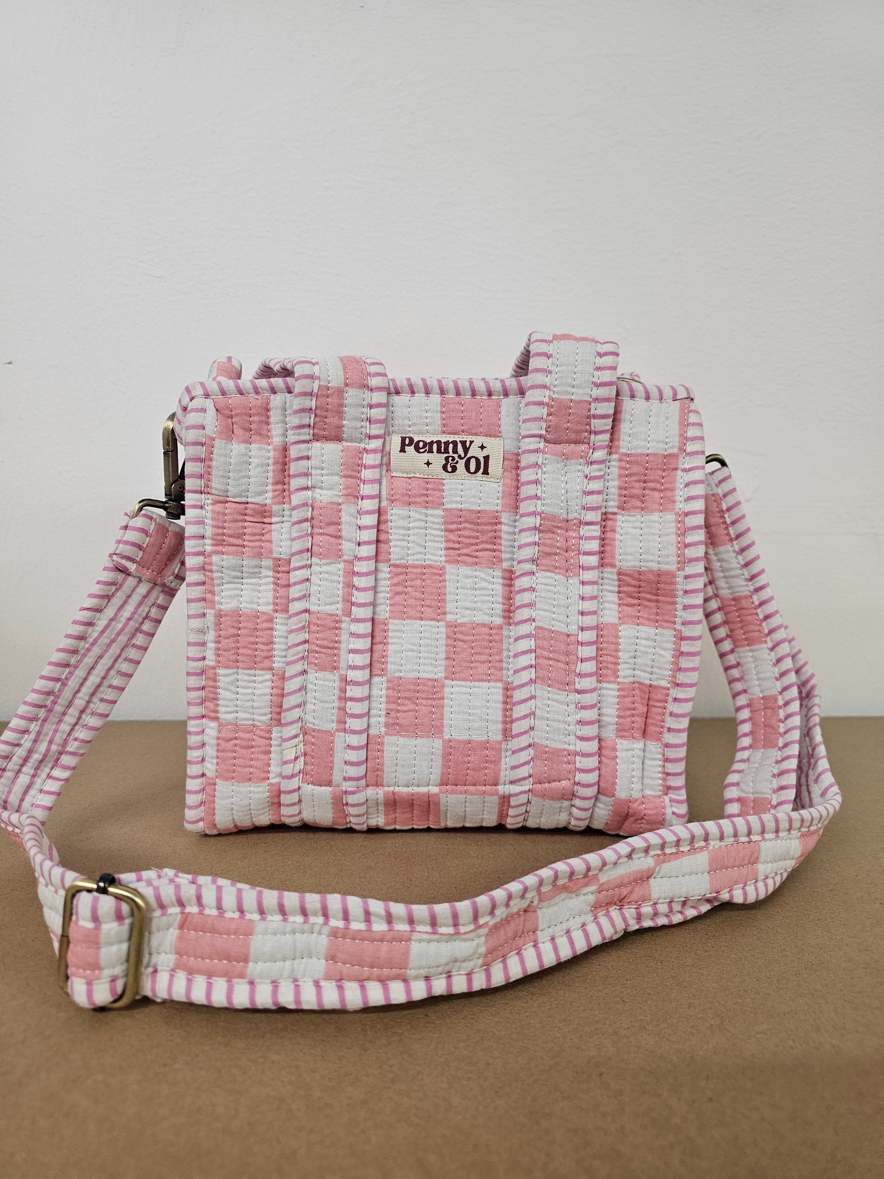 Pink & White Checkerboard Collection. Cotton, handmade tote bags