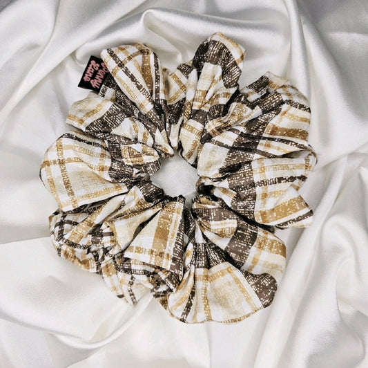 Beige Tartan XL Hair Scrunchie. Cotton blend