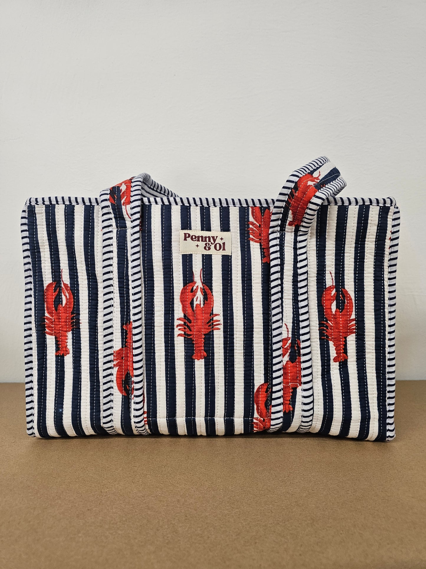 Navy Striped Lobster Collection. Cotton, handmade tote bags
