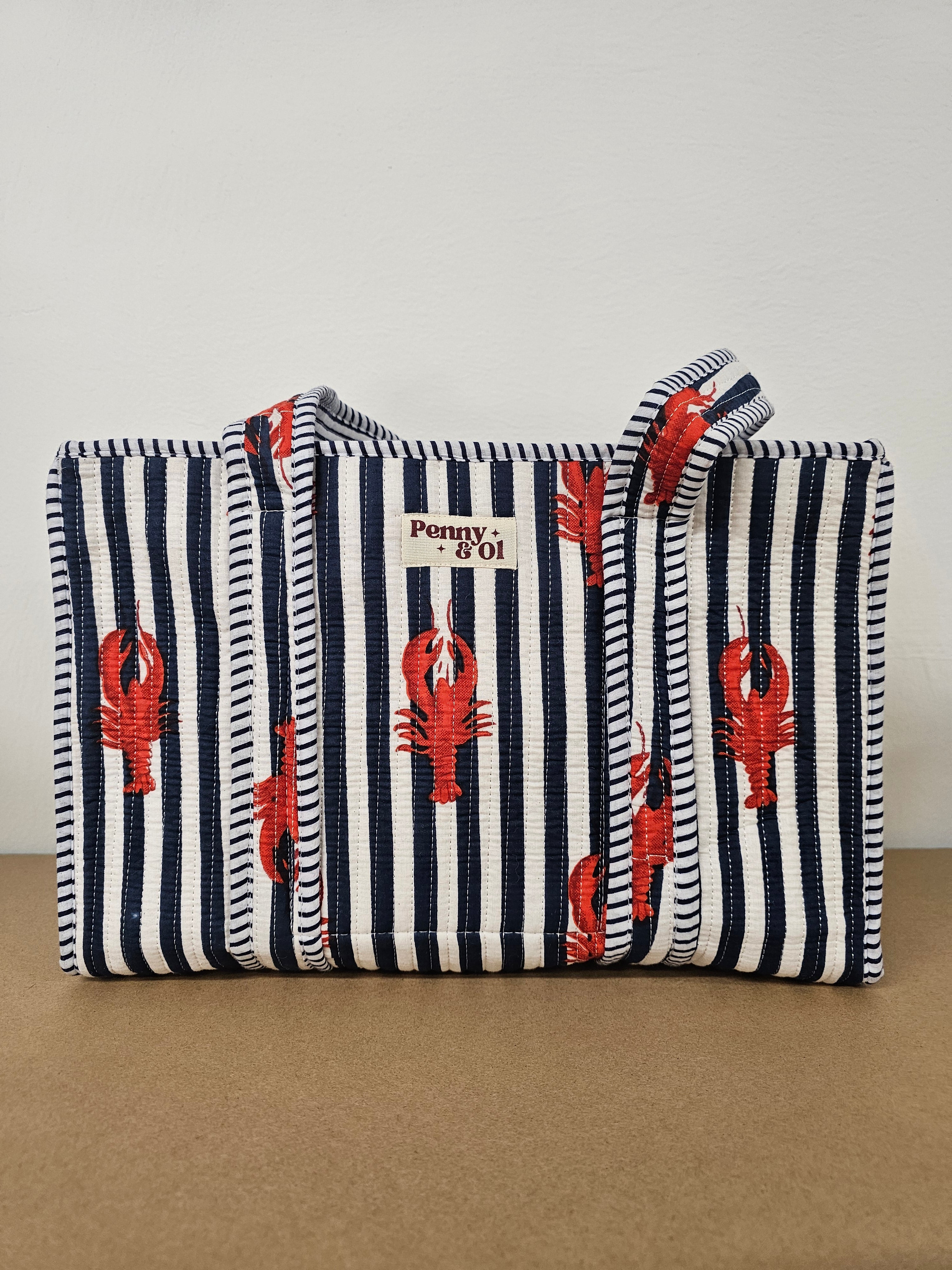 Navy Striped Lobster Collection. Cotton, handmade tote bags