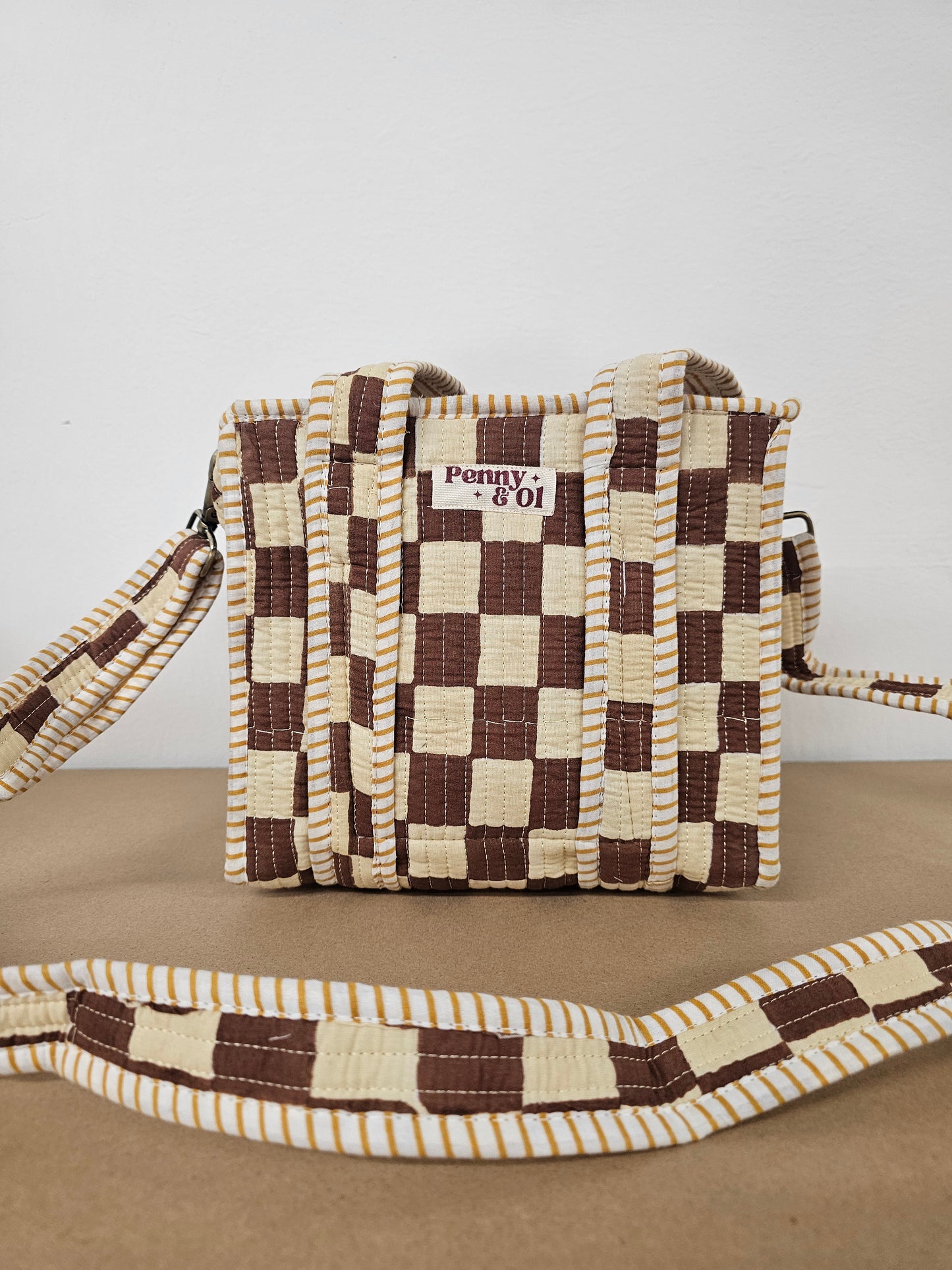 Brown Checkerboard Collection. Cotton, handmade tote bags
