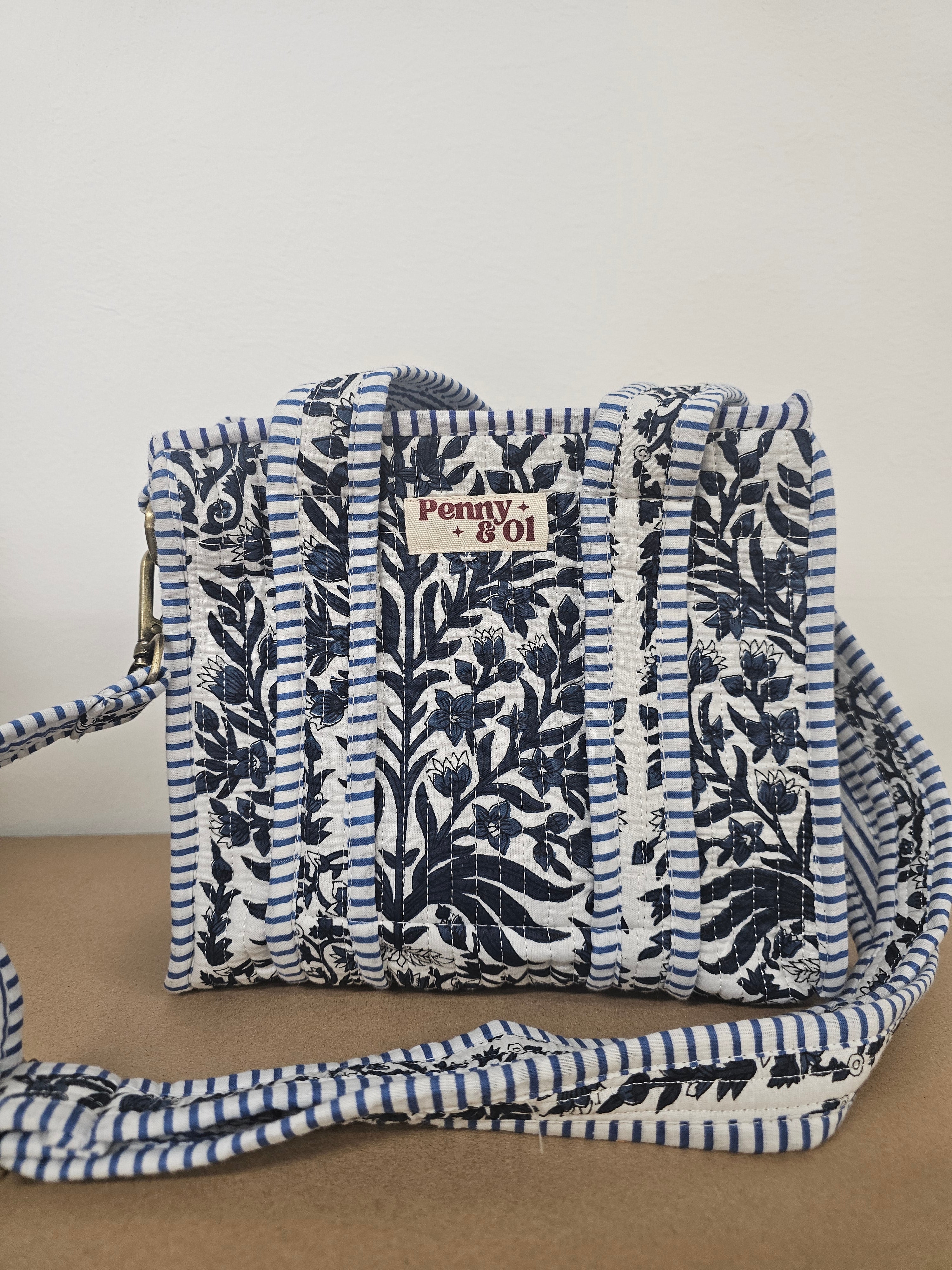 Navy Bloom Collection tote bags. Cotton tote bags all sizes