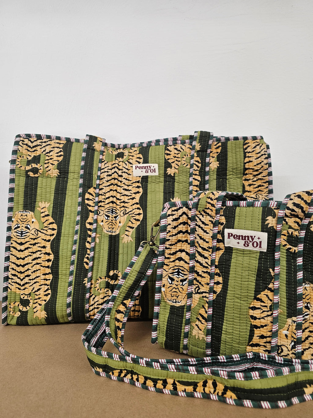 Moss Striped Tiger Collection, cotton tote bags, handmade tote.