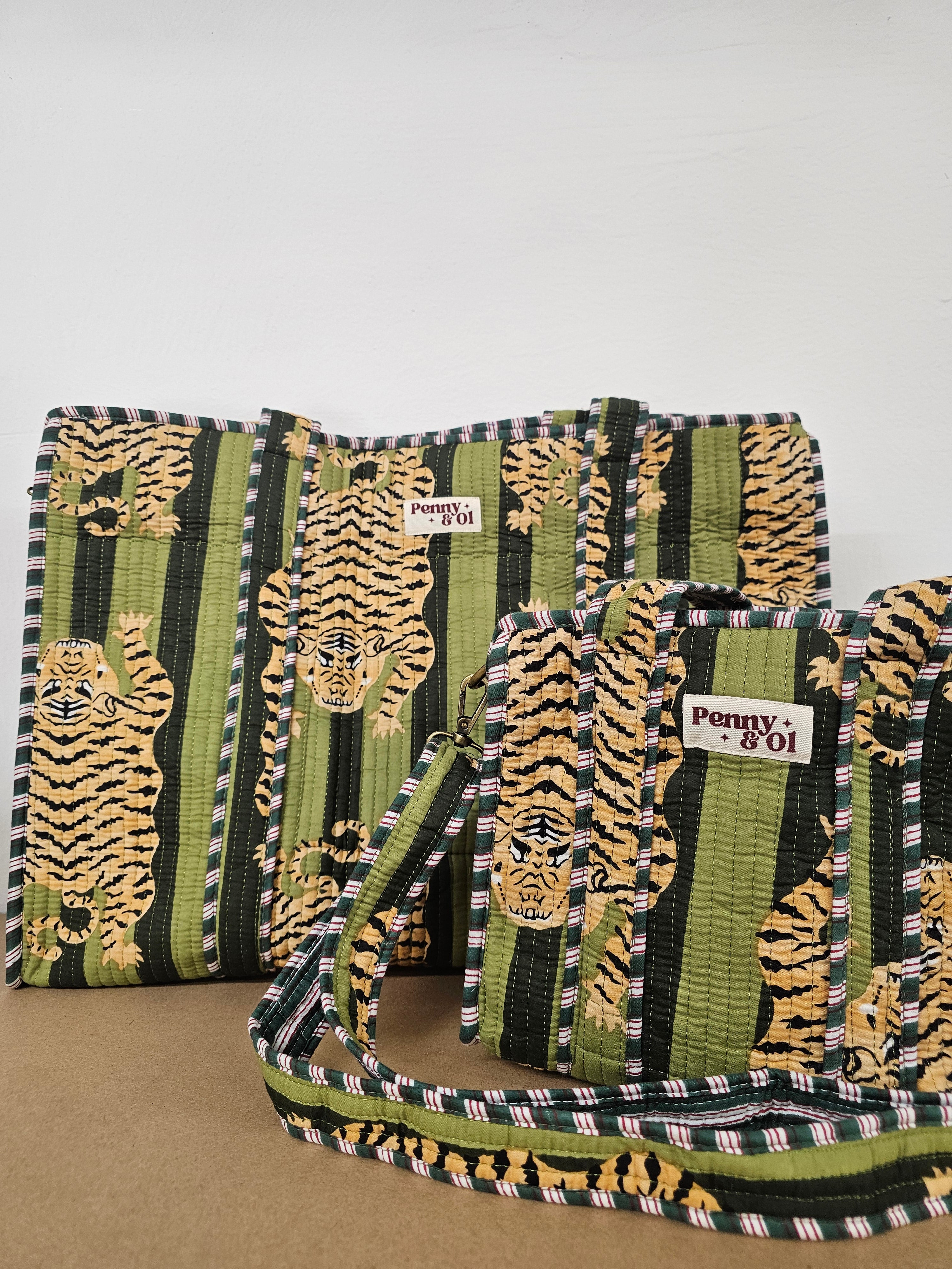 Moss Striped Tiger Collection, cotton tote bags, handmade tote.