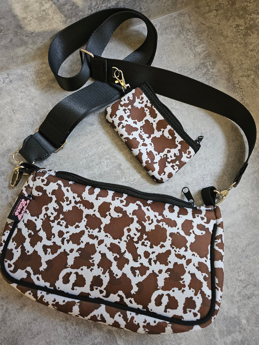 Brown Cow Print Cross Body Bag, Extendable Strap, New in PLS neoprene handbag