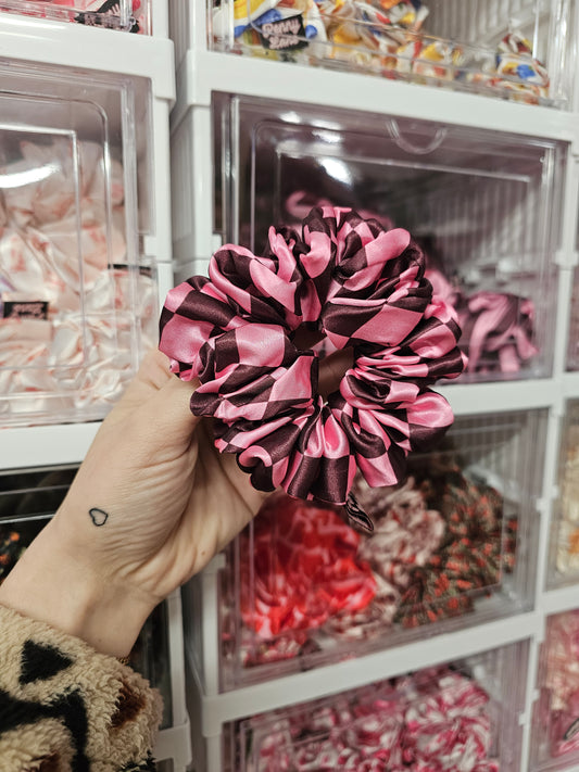 Pink and burgundy checkerboard MIDI Satin Hair Scrunchie