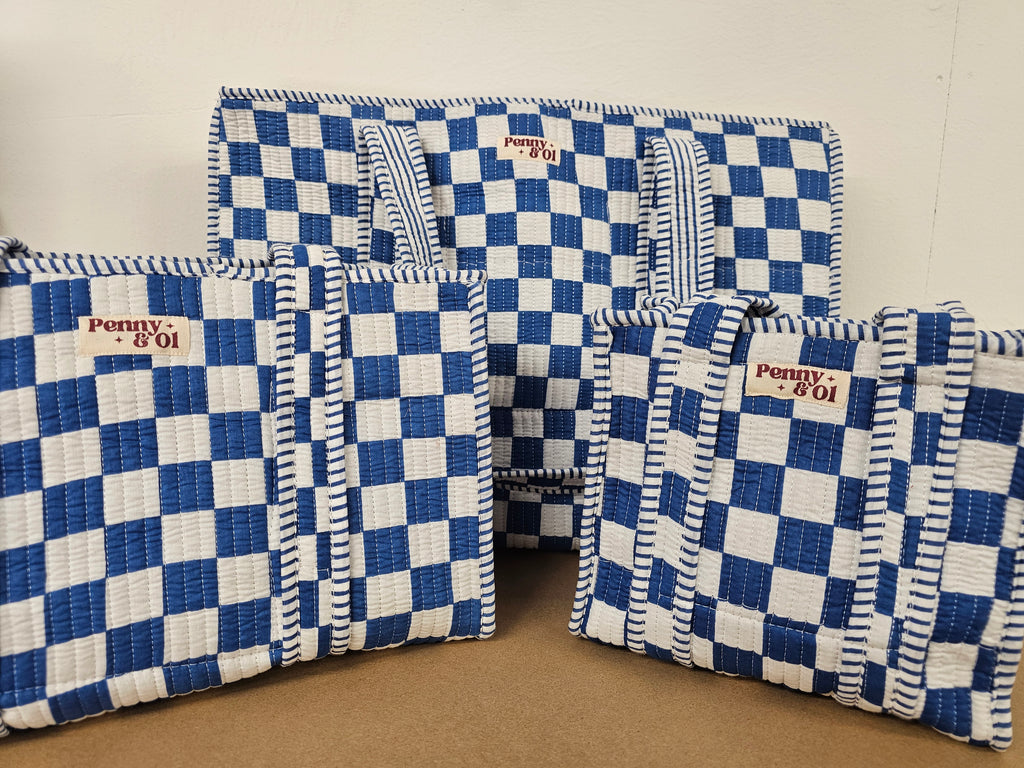 Blue Checkerboard Collection. Cotton, handmade tote bags