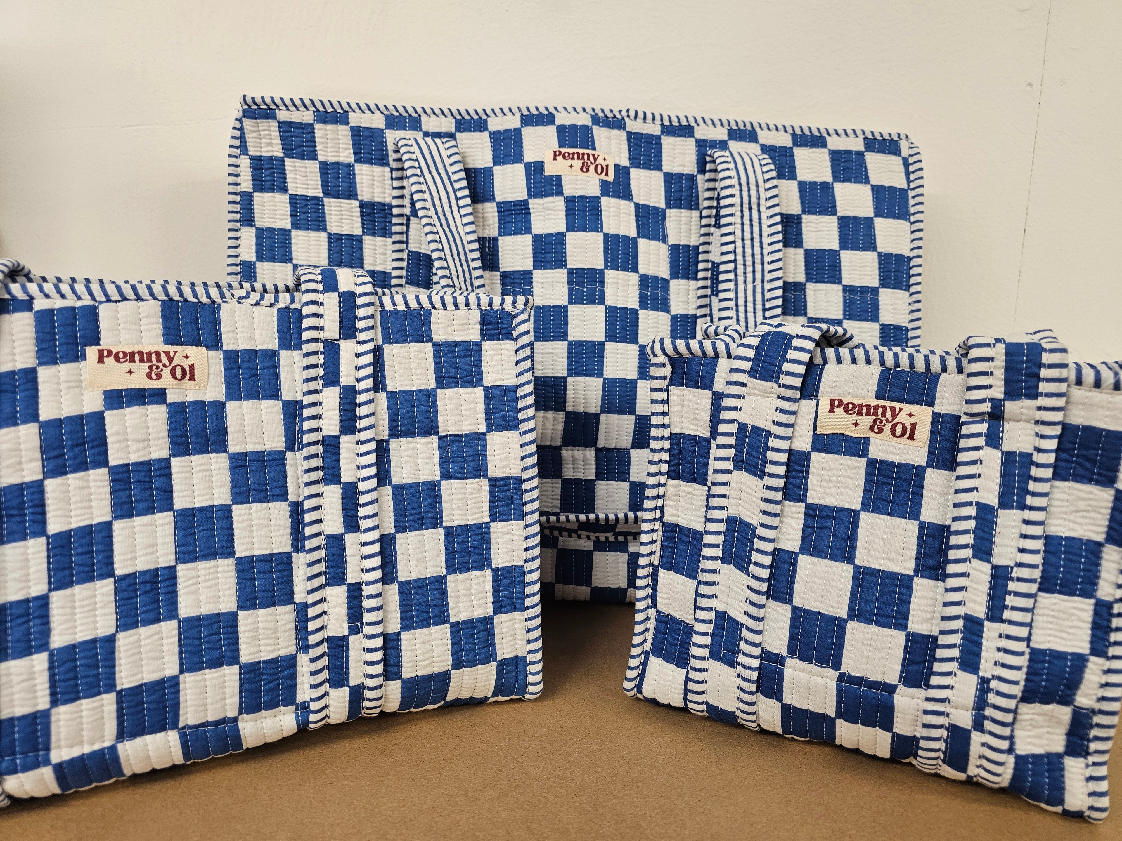 Blue Checkerboard Collection. Cotton, handmade tote bags