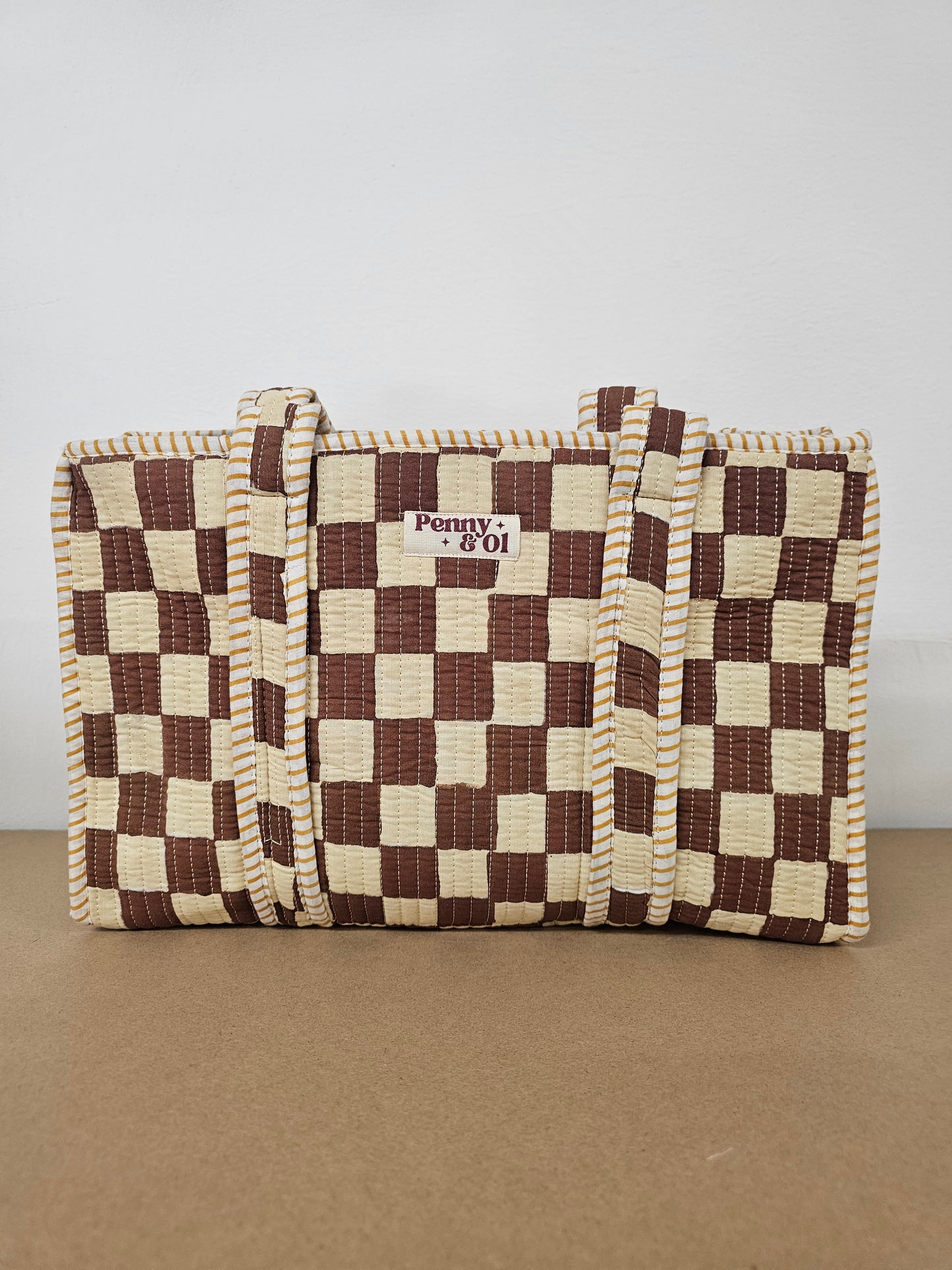 Brown Checkerboard Collection. Cotton, handmade tote bags