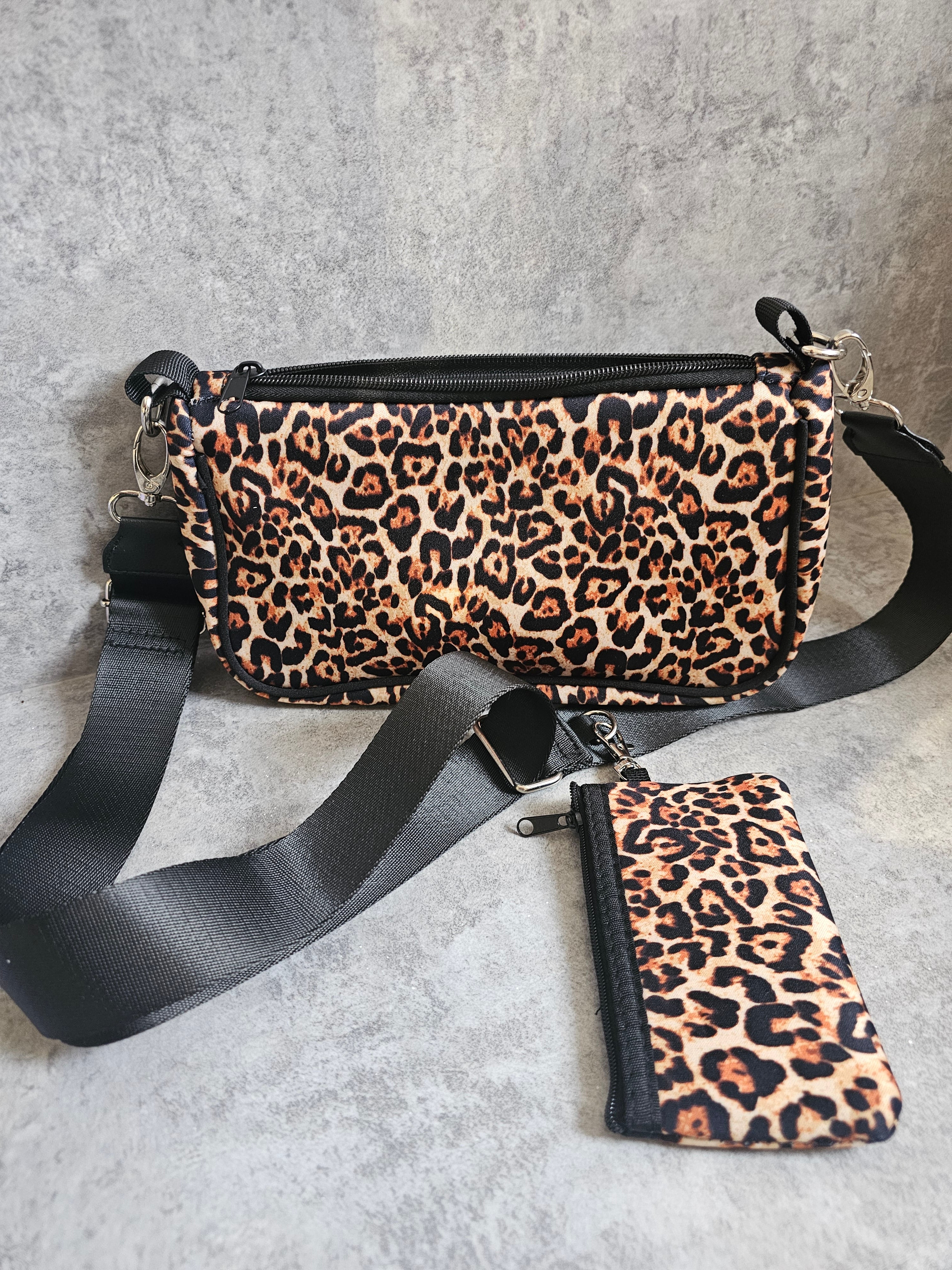 Leopard Print Cross Body Bag, Extendable Strap, New in PLS neoprene handbag