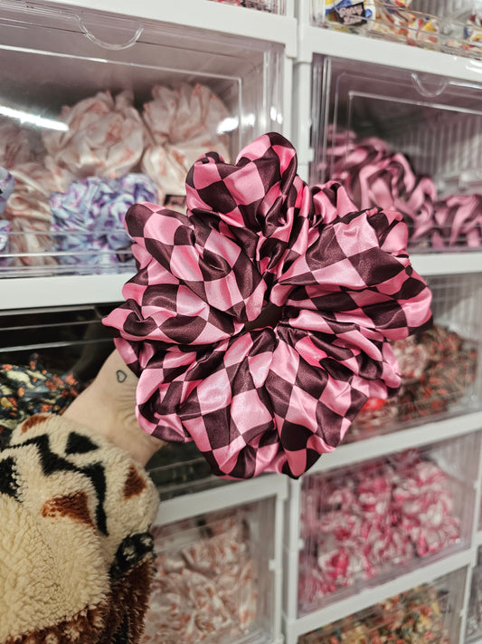 Pink and burgundy checkerboard XL Satin Hair Scrunchie