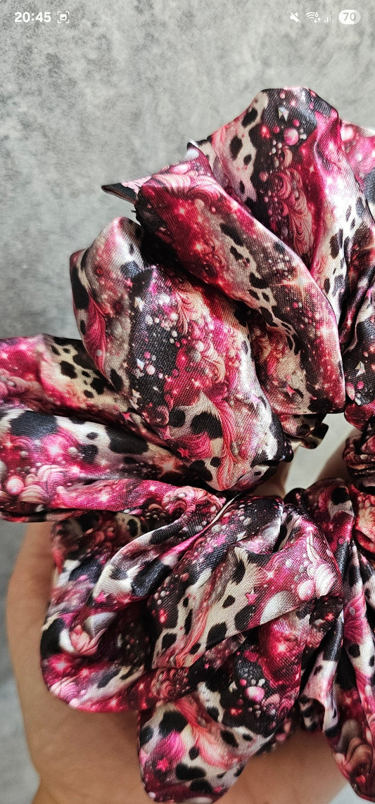 Pink Sparkle Cow Print Midi Satin Hair Scrunchie
