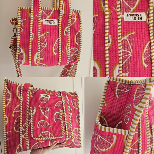 Pink Grapefruit collection, tote bags. Cotton tote bags all sizes