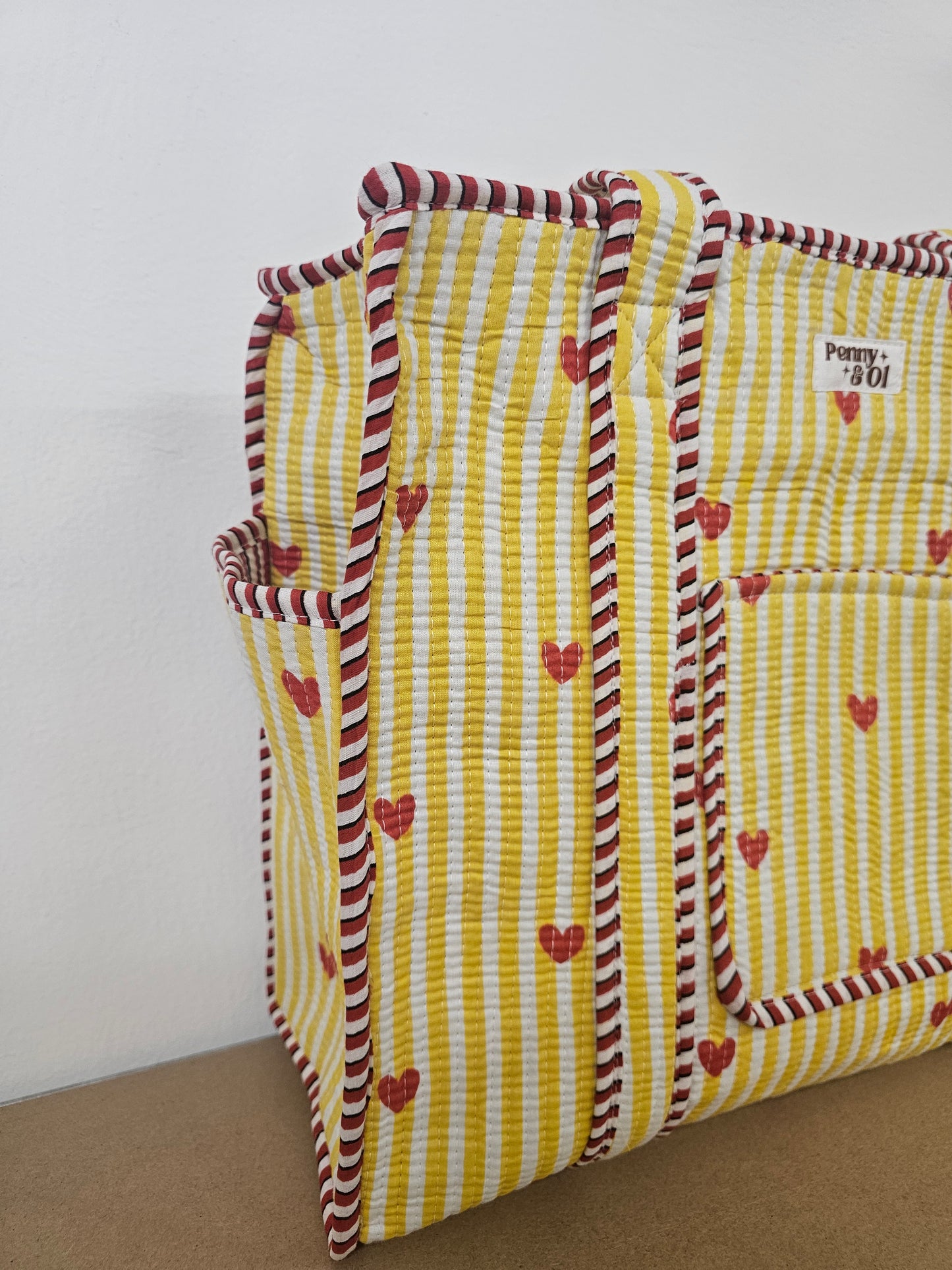 Yellow Striped Hearts Travel Tote Bag, Cotton tote bags.