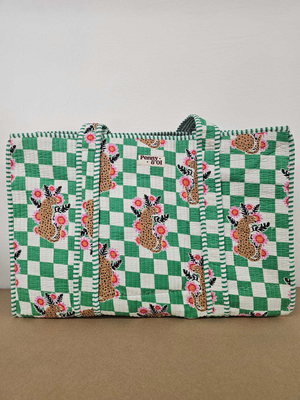 Green Checkered Leopard Collection. Cotton, handmade tote bags