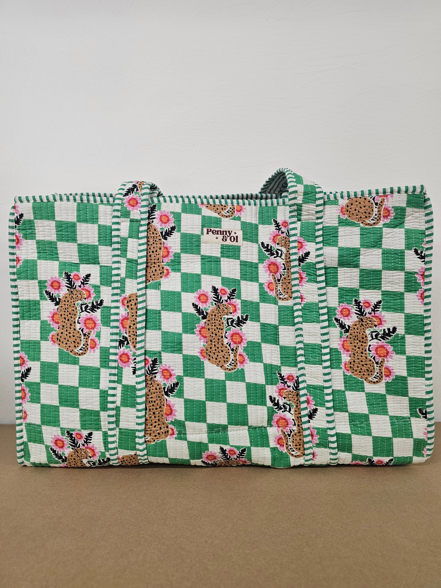 Green Checkered Leopard Collection. Cotton, handmade tote bags