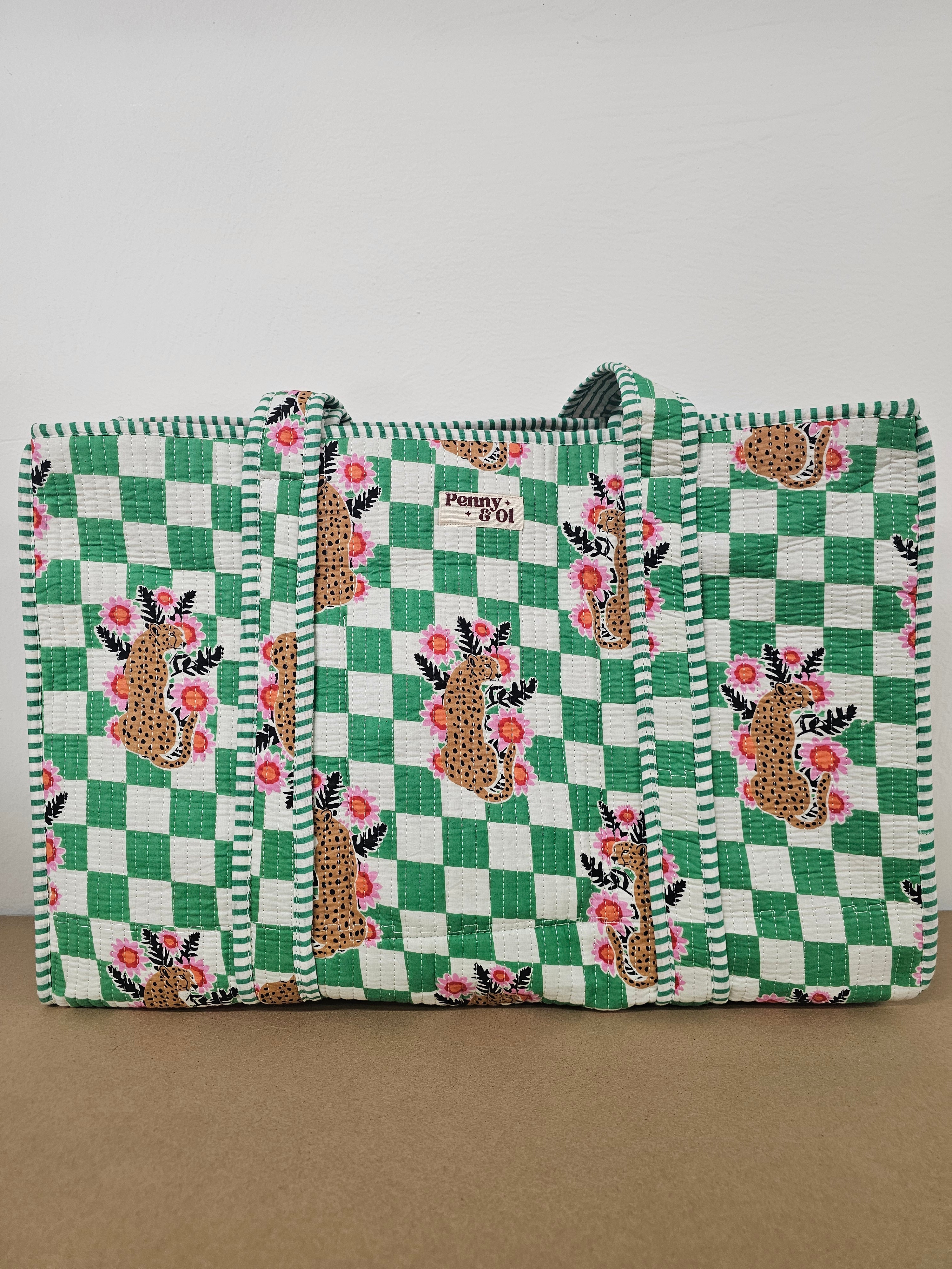 Green Checkered Leopard Collection. Cotton, handmade tote bags