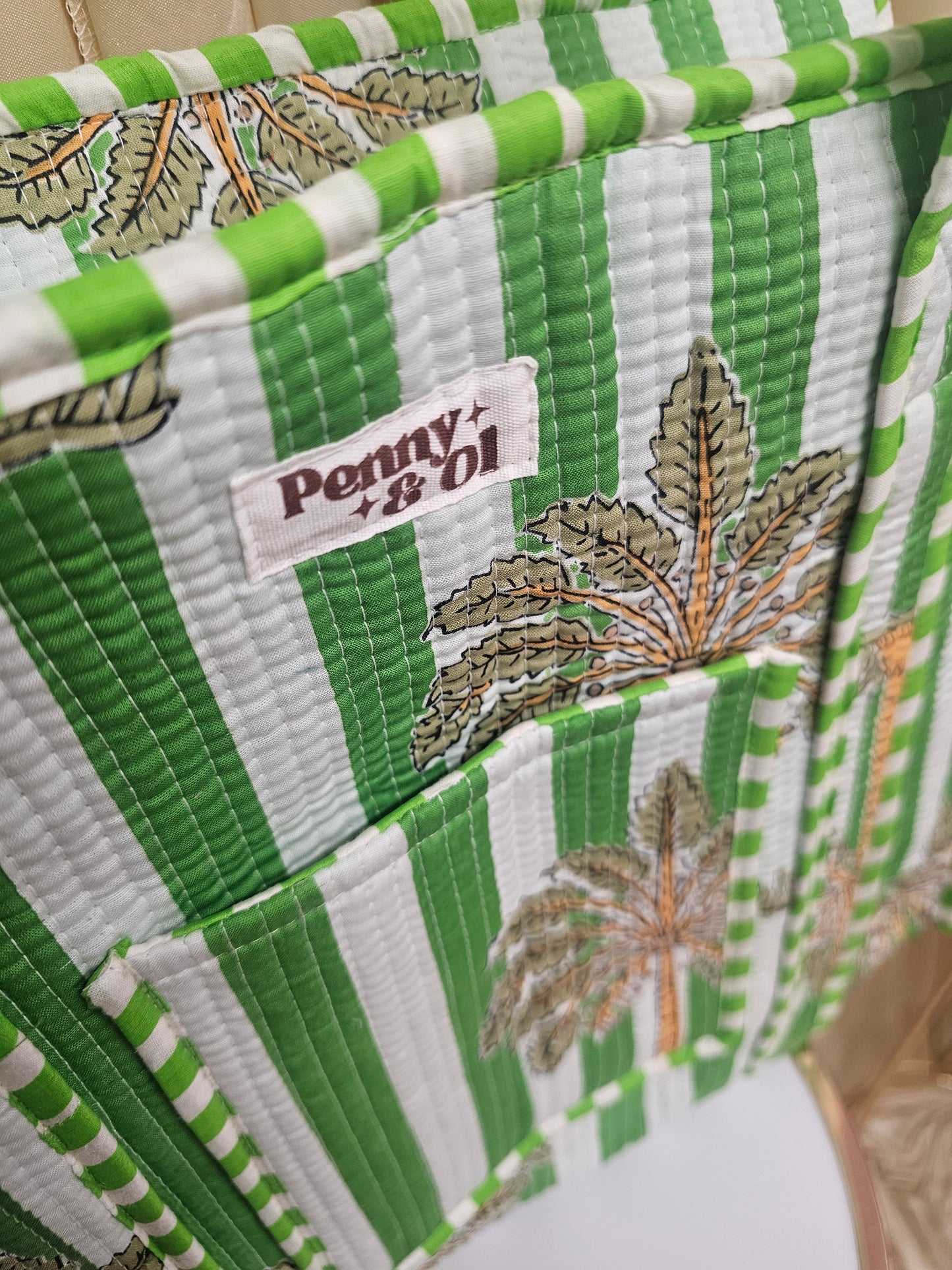 Green Striped palm tree travel tote bags.