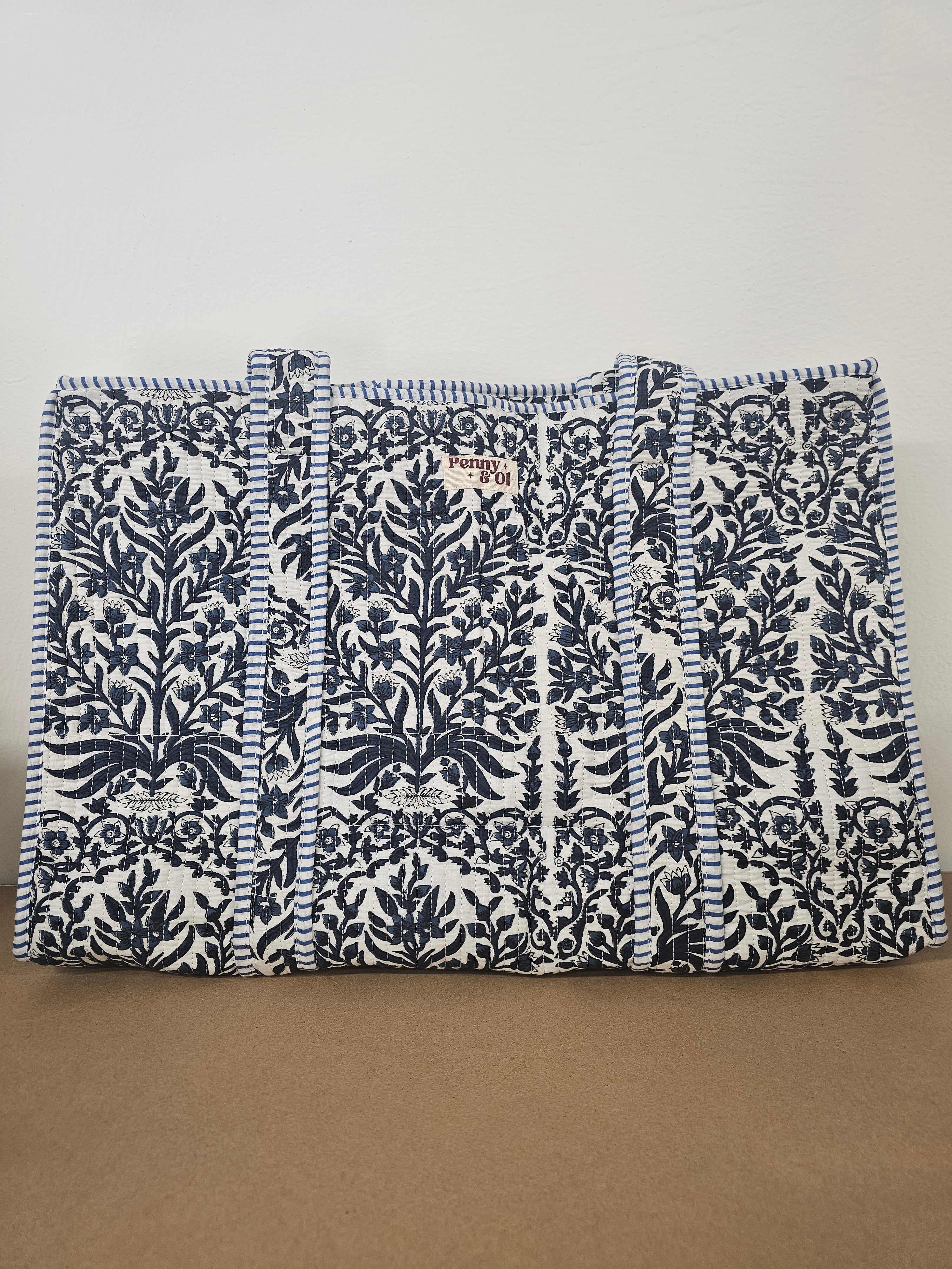 Navy Bloom Collection tote bags. Cotton tote bags all sizes