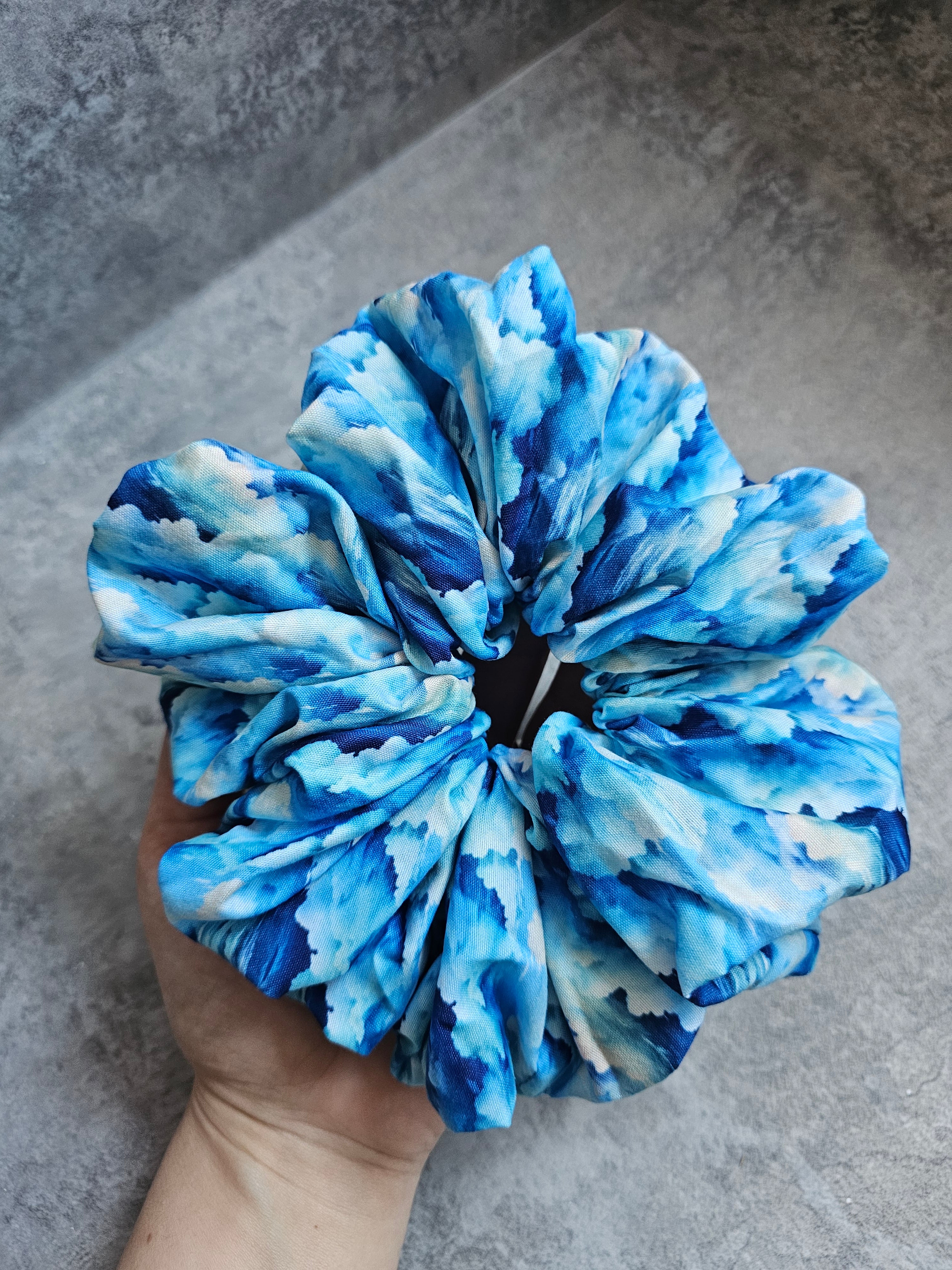 Blue clouds soft cotton blend XL Hair Scrunchie.