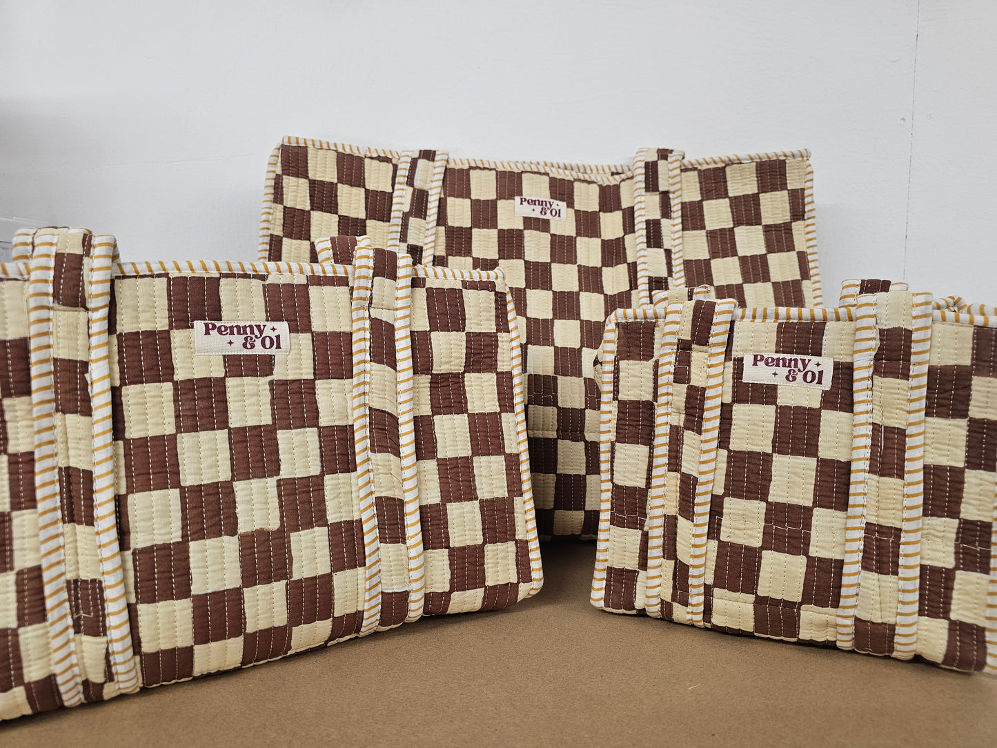 Brown Checkerboard Collection. Cotton, handmade tote bags