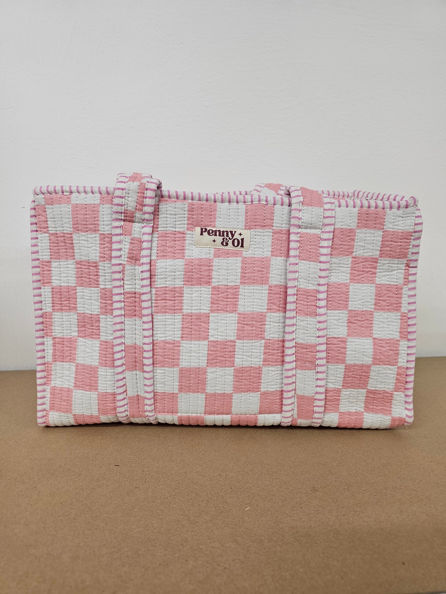 Pink & White Checkerboard Collection. Cotton, handmade tote bags