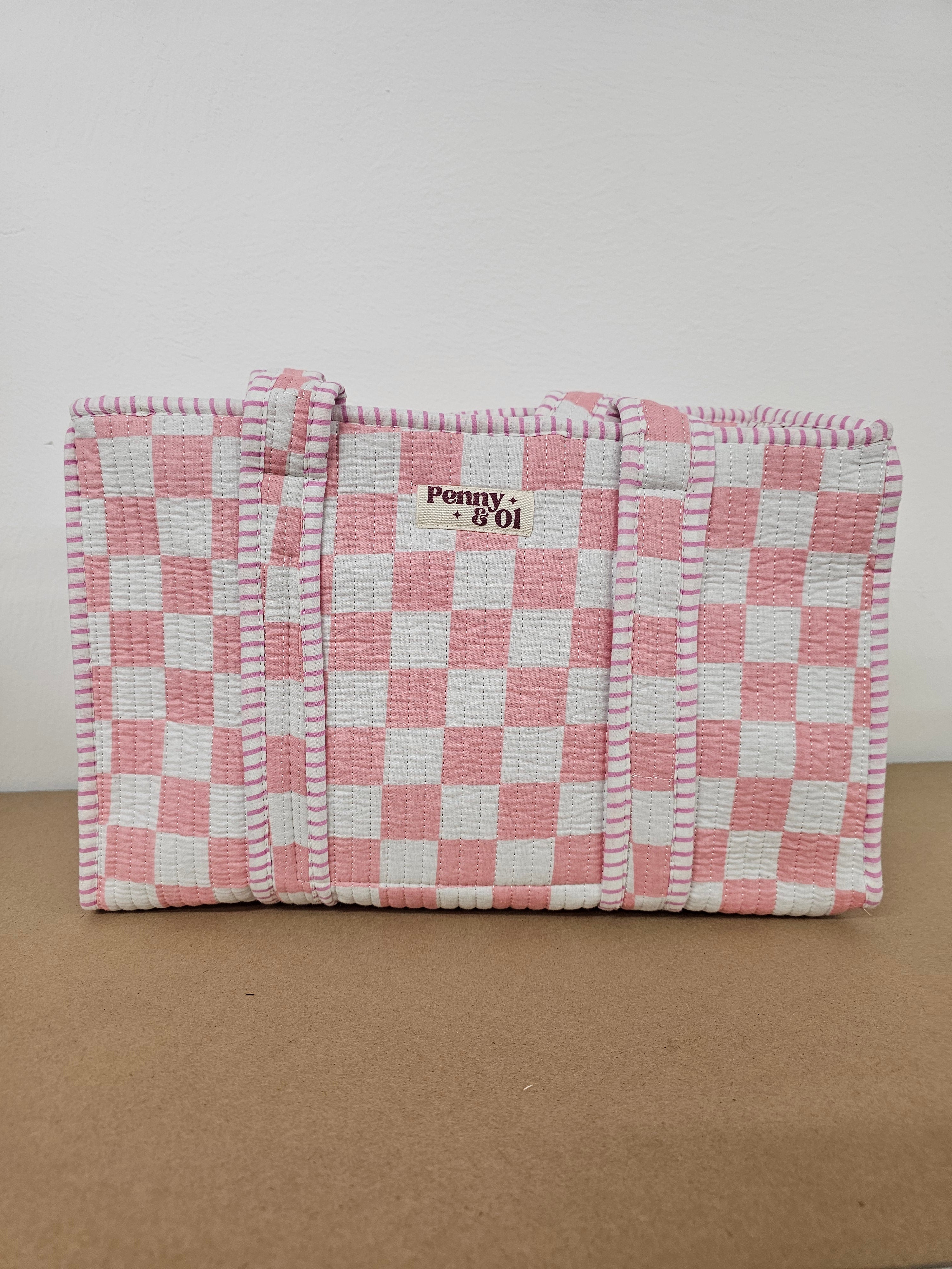 Pink & White Checkerboard Collection. Cotton, handmade tote bags