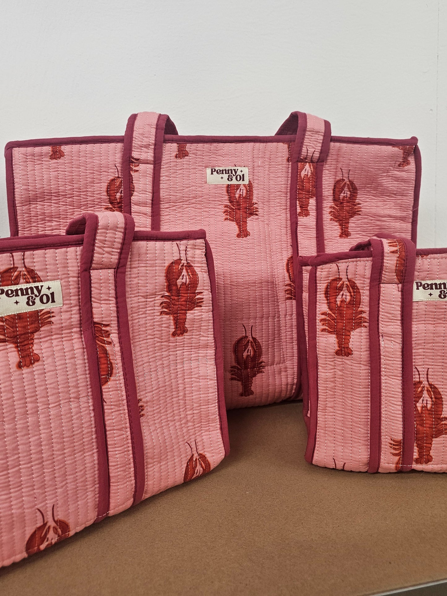 Pink Lobster Collection tote bags. Cotton tote bags all sizes