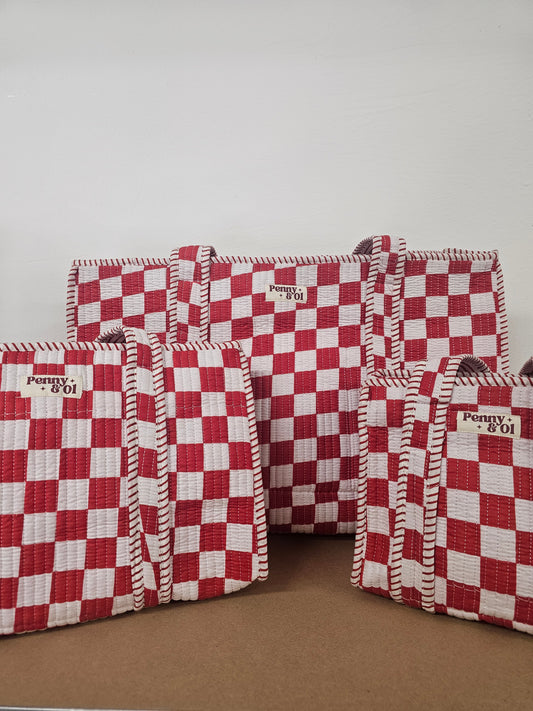 Red Checkerboard Collection tote bags. Cotton tote bags all sizes