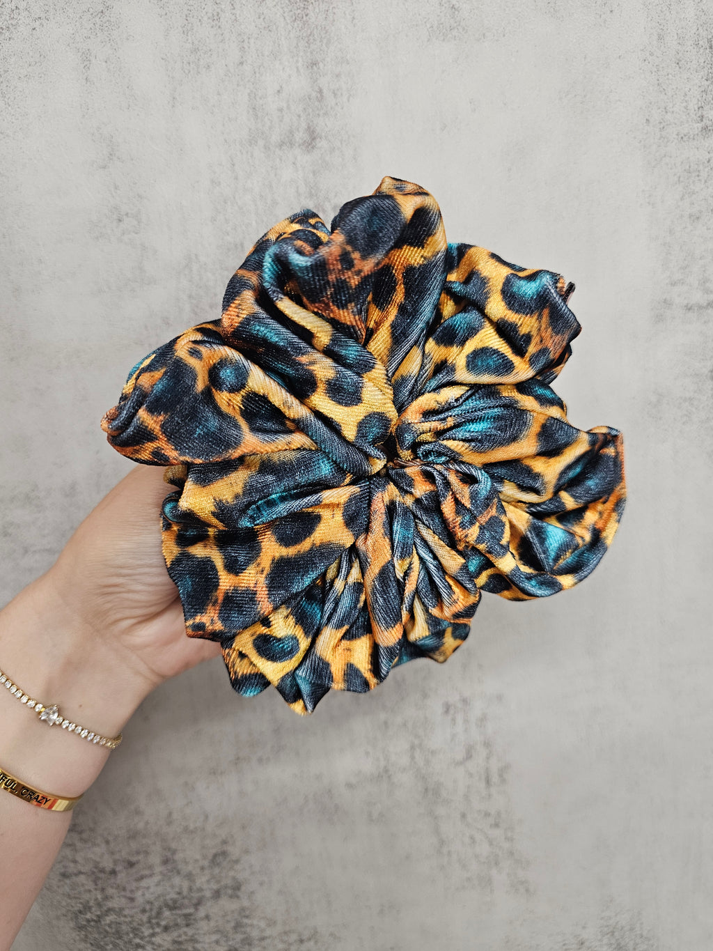 Teal Leopard Velvet XL Hair Scrunchie.
