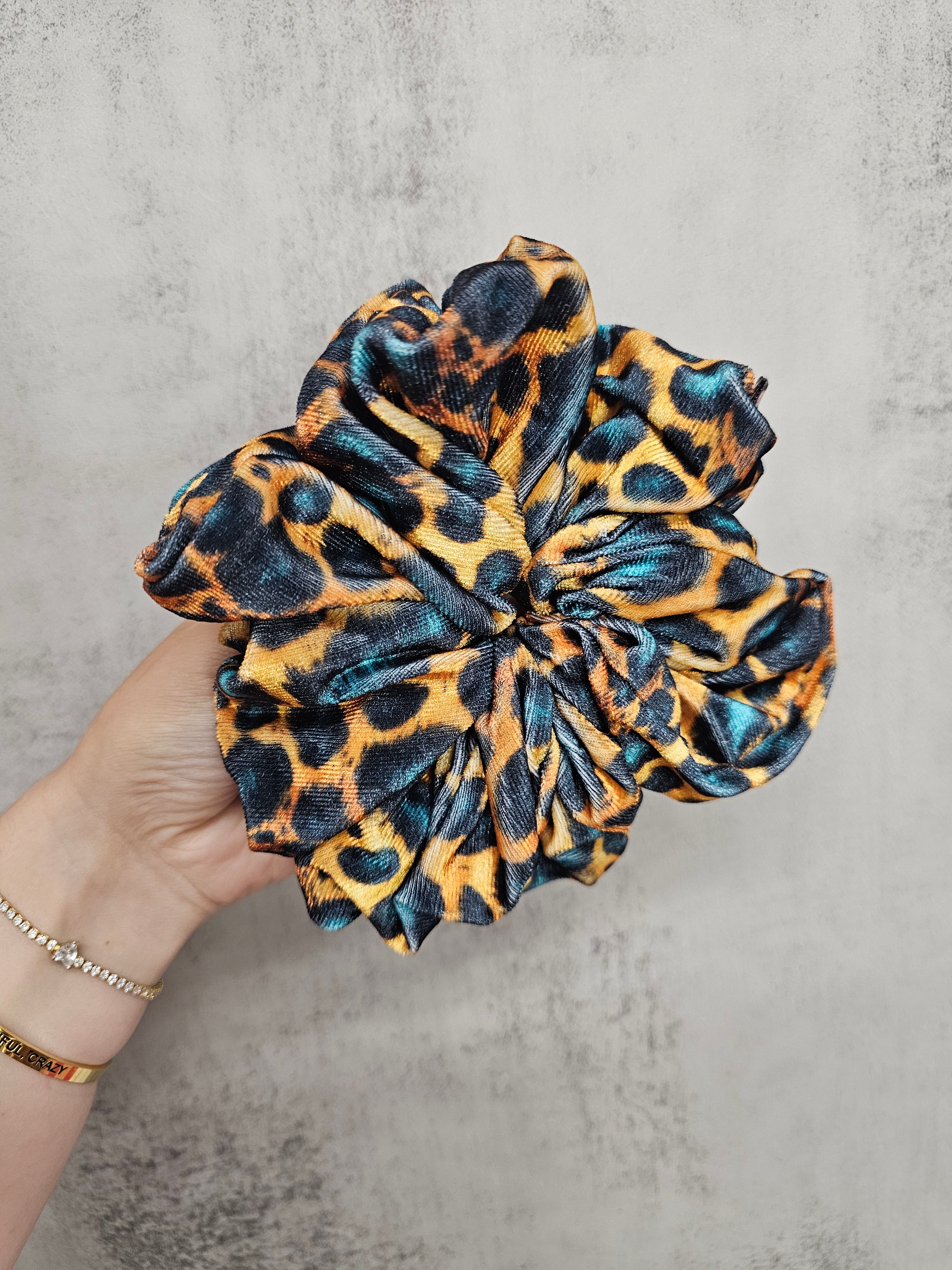 Teal Leopard Velvet XL Hair Scrunchie.