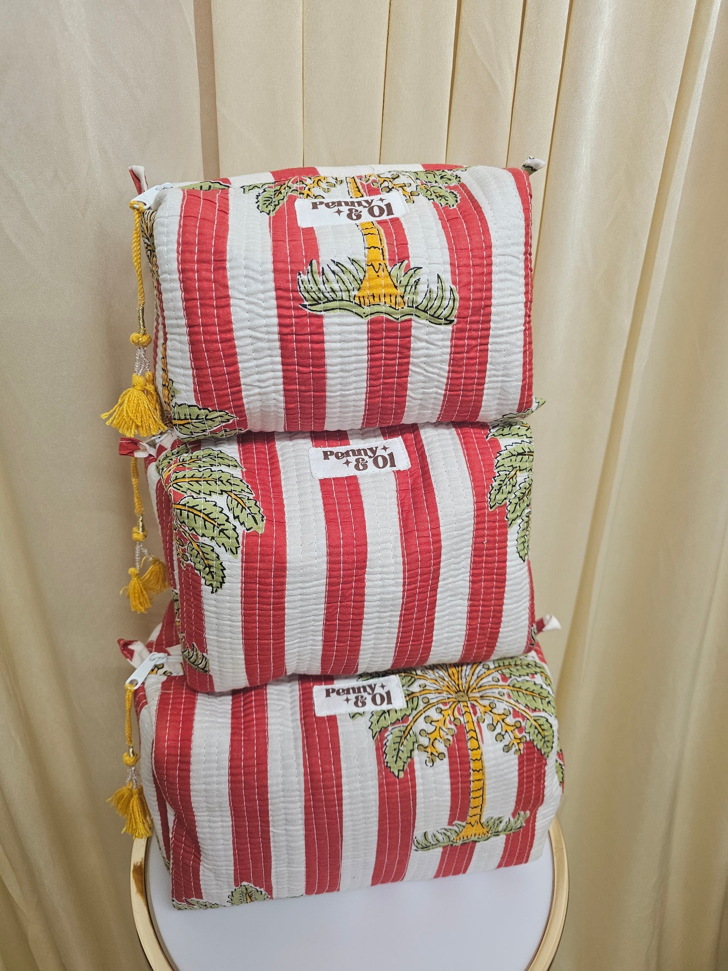 Red Striped Palm Tree Waterproof Zip pouch.