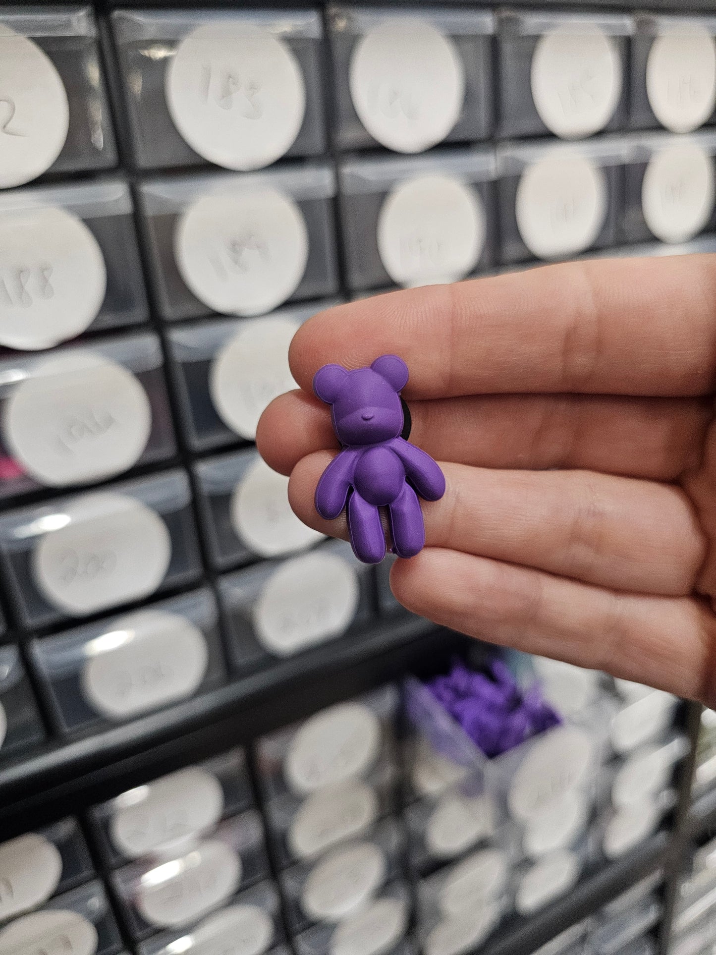 Small purple teddy shoe charm