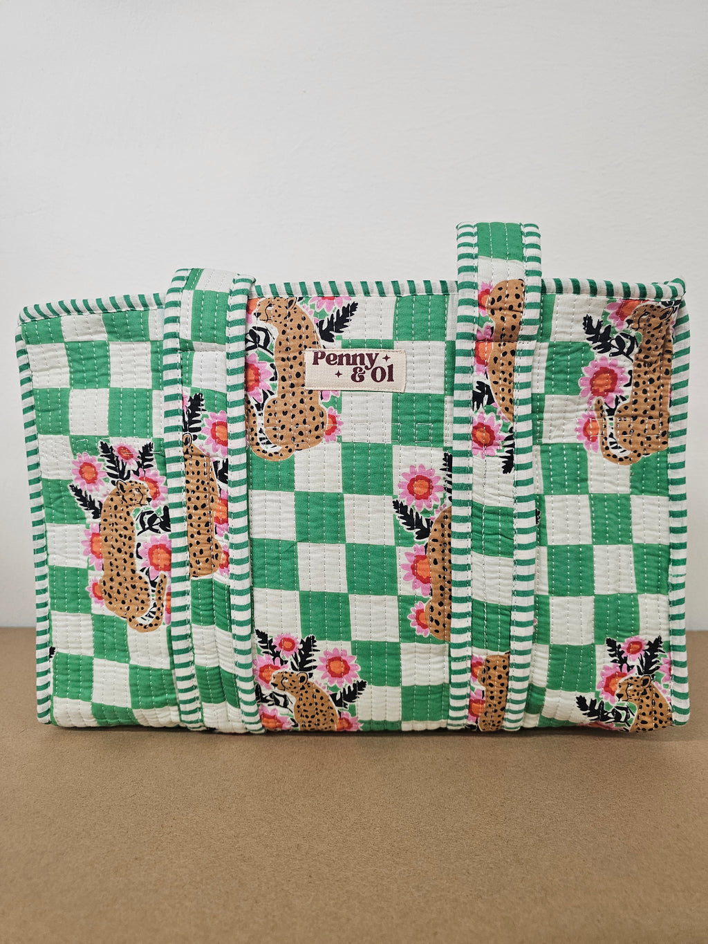 Green Checkered Leopard Collection. Cotton, handmade tote bags