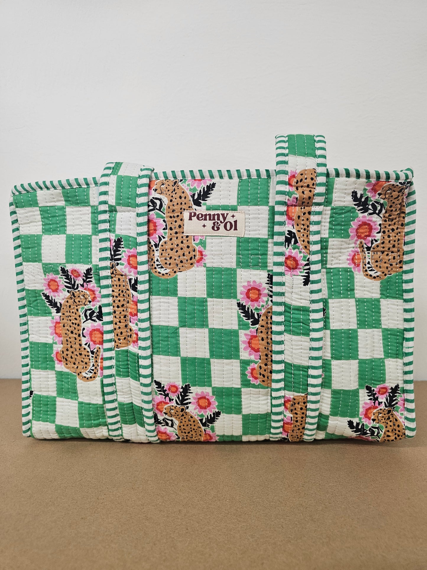Green Checkered Leopard Collection. Cotton, handmade tote bags