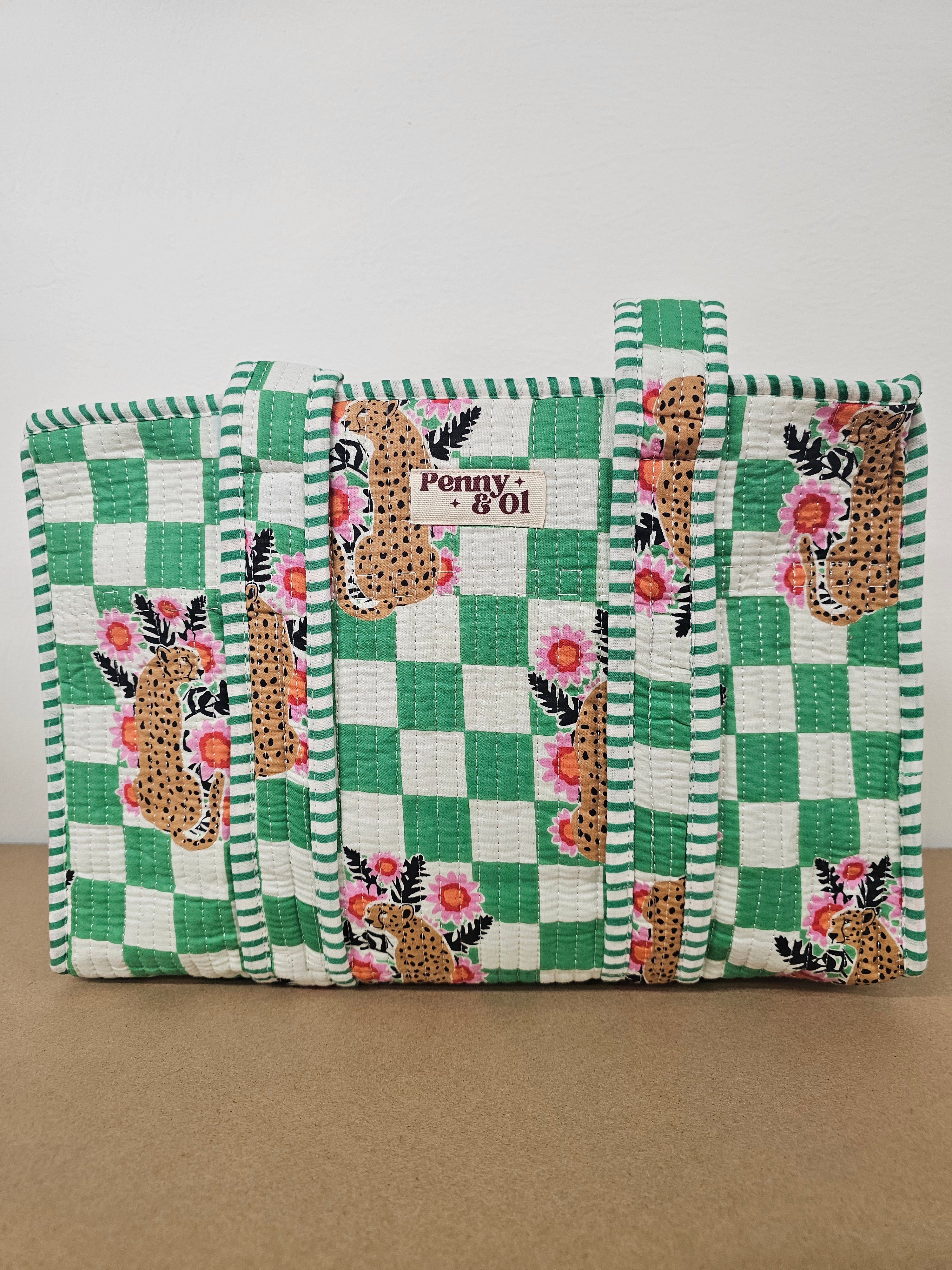 Green Checkered Leopard Collection. Cotton, handmade tote bags