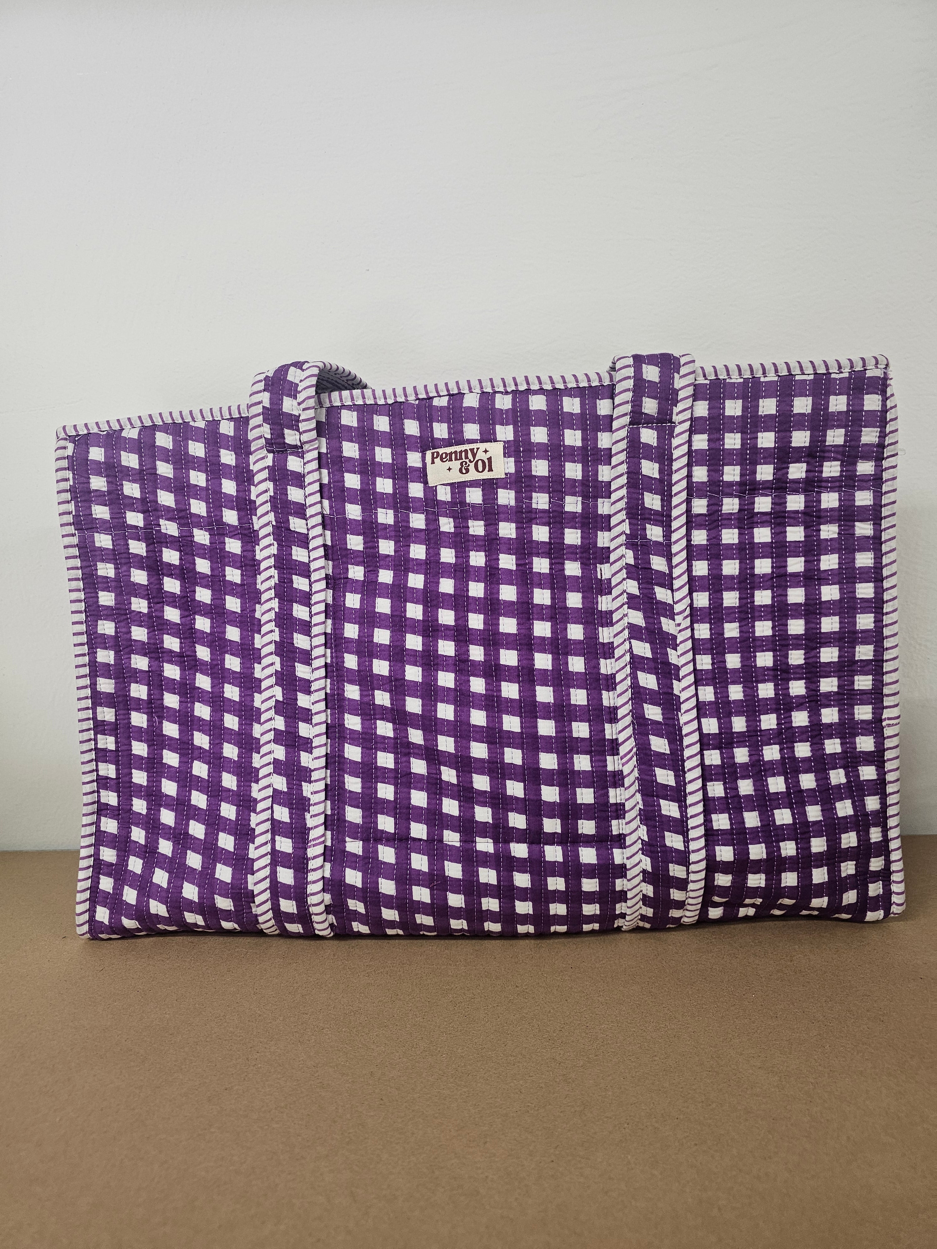 Purple Gingham Collection tote bags. Cotton tote bags all sizes