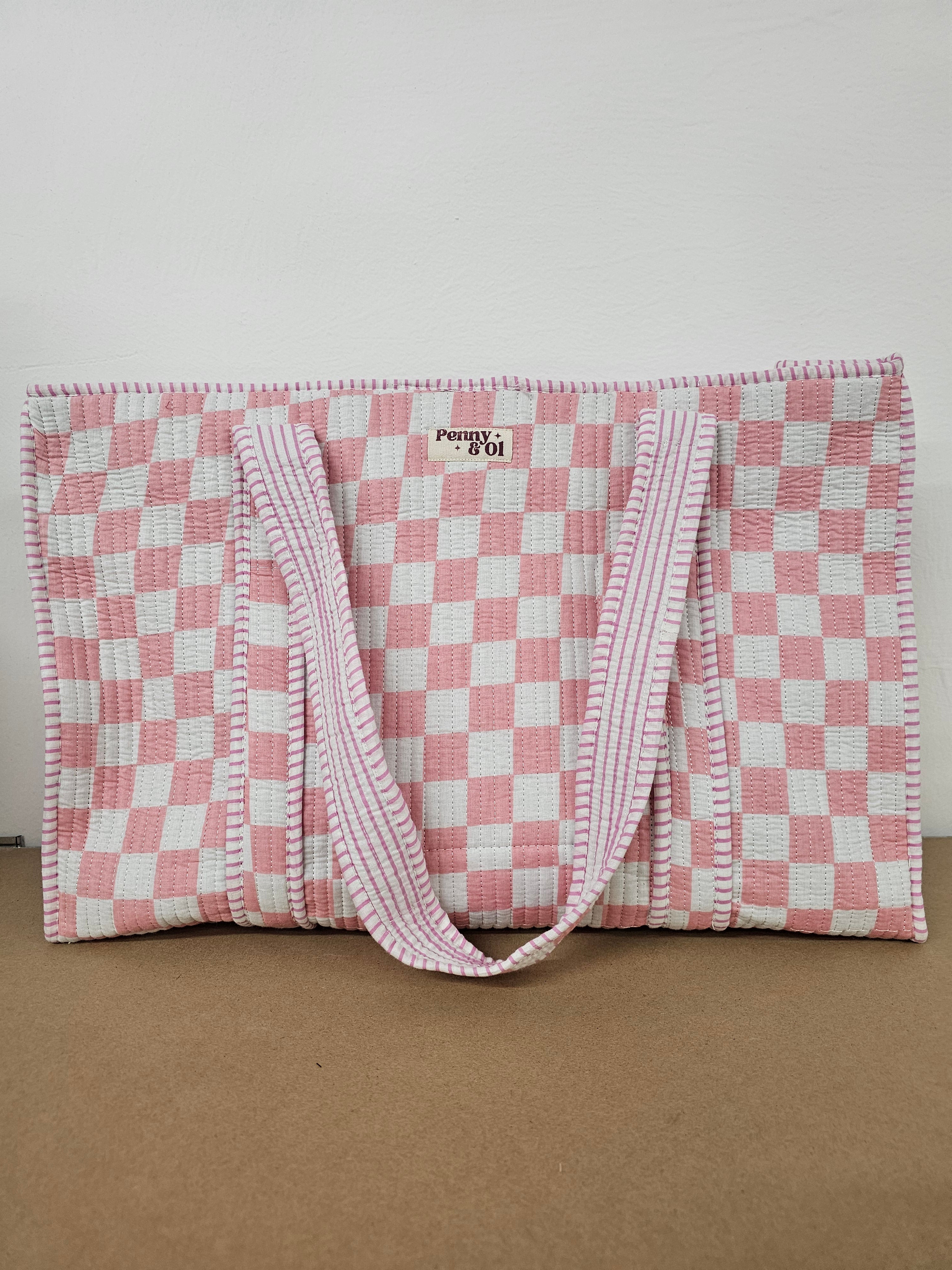 Pink & White Checkerboard Collection. Cotton, handmade tote bags